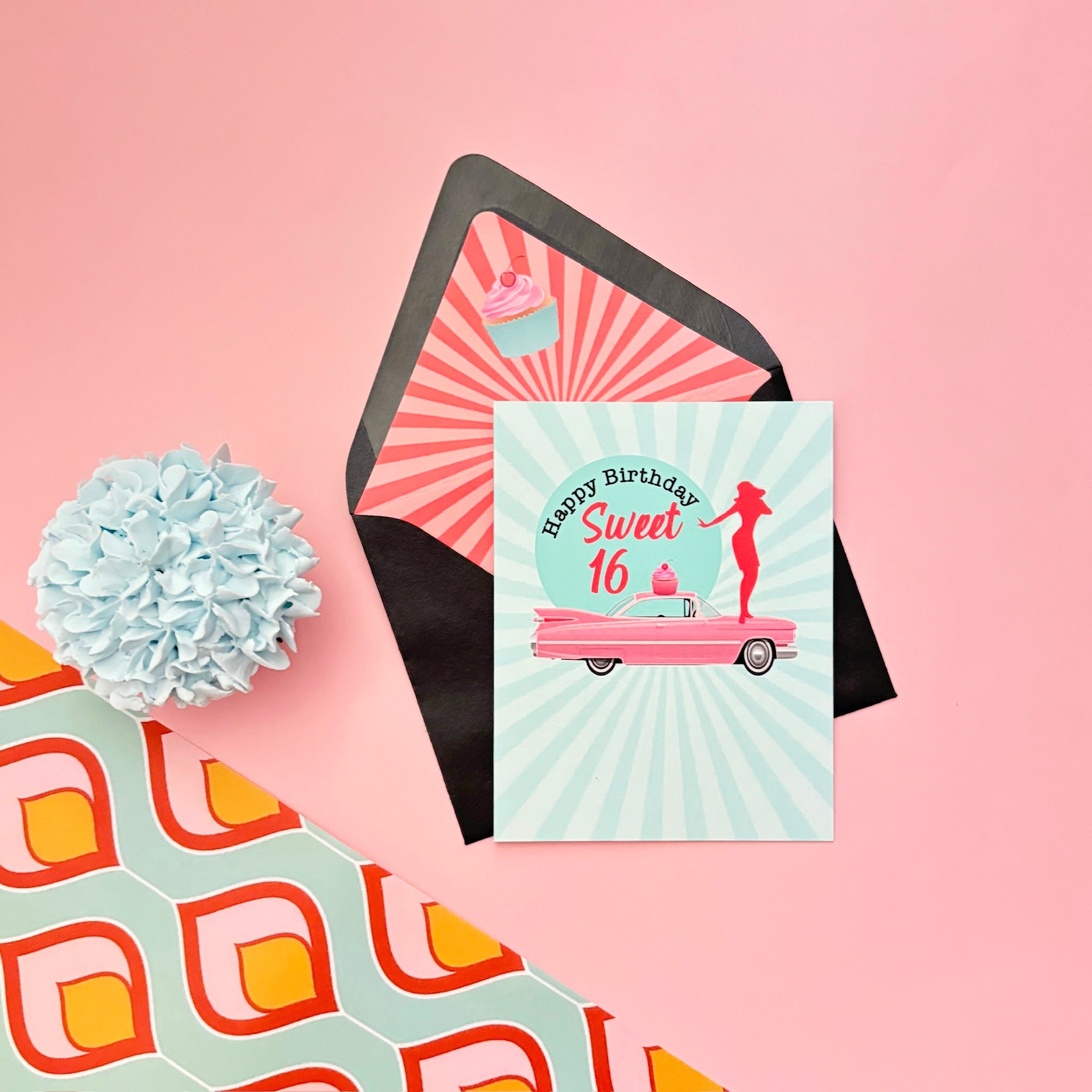 Sweet 16 Retro Car and Mod Dancer 16th Birthday Card