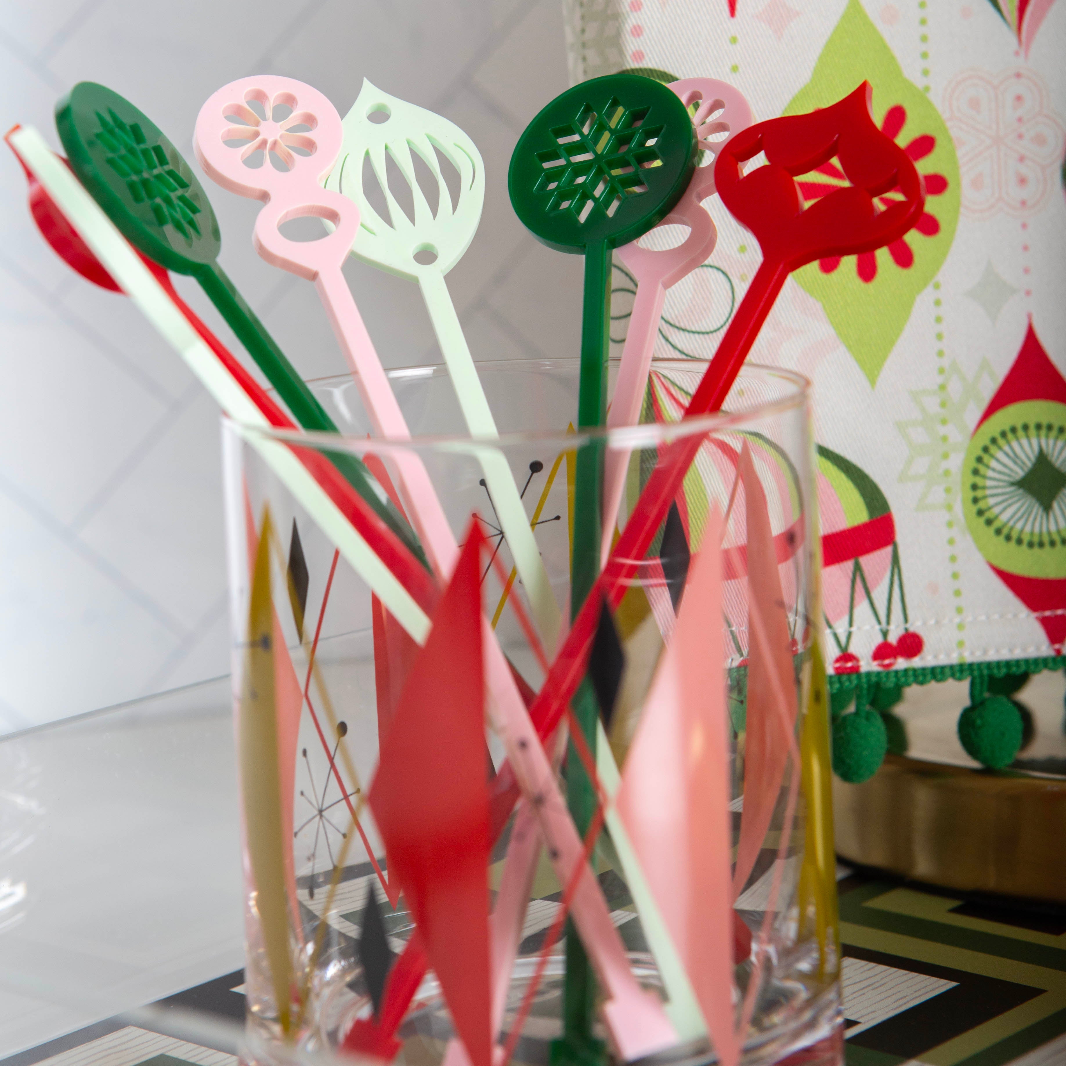Retro Ornament Pink & Pistachio Holiday Beverage Mixing Swizzle Stirrers