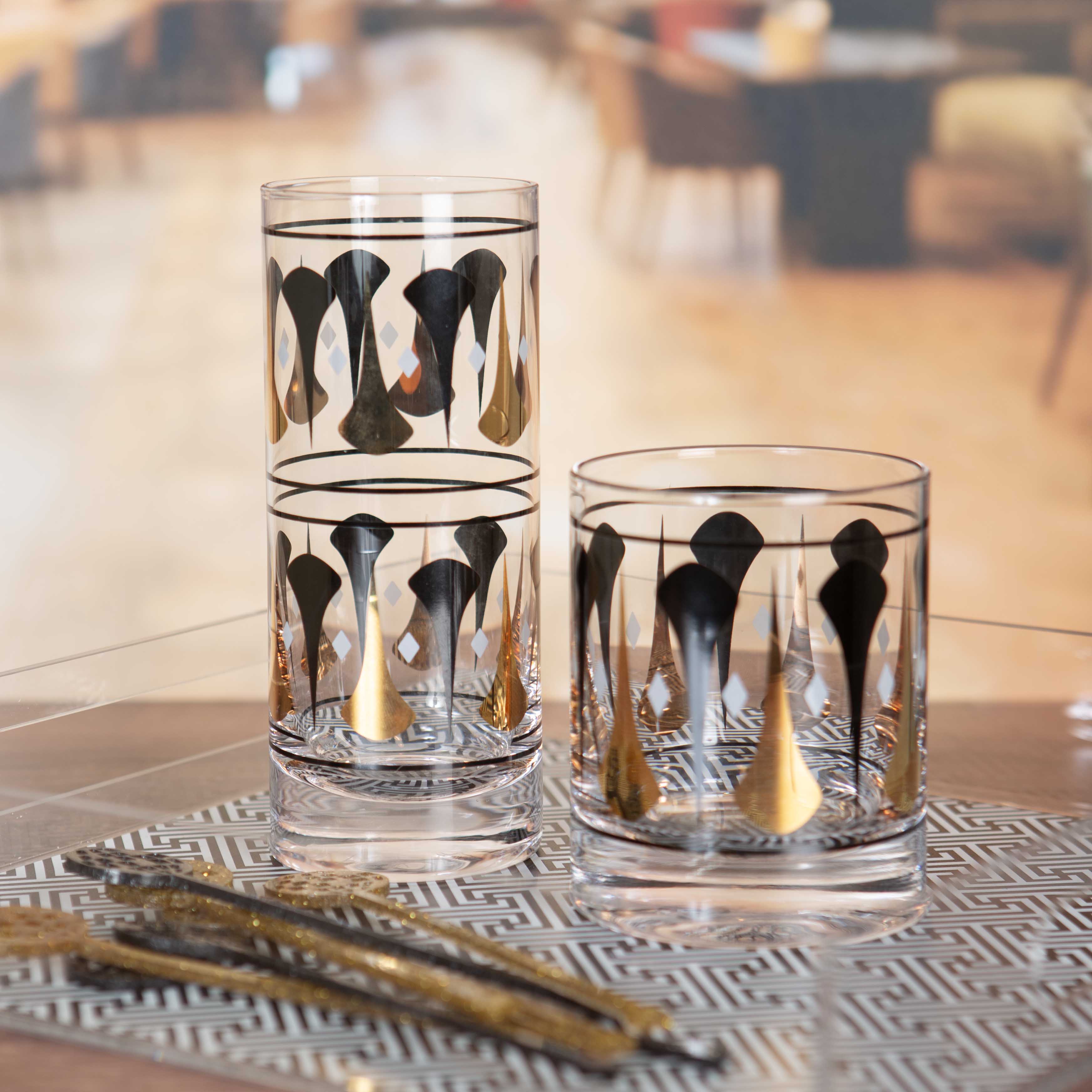 Black and Gold Mid Century Modern Whiskey Rocks Cocktail Glass