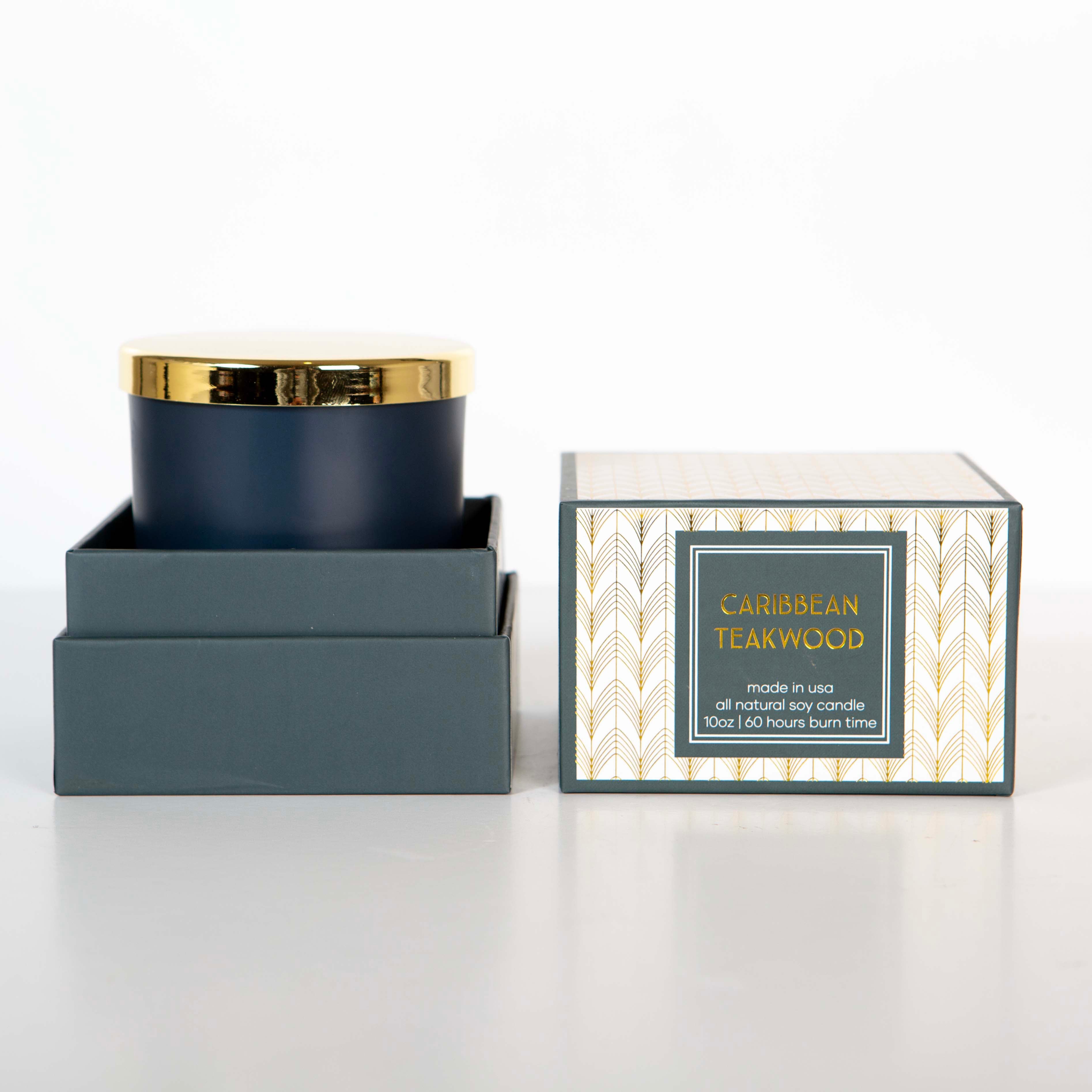 Blue Caribbean Teakwood Mid Century Gold Foil Boxed Candle