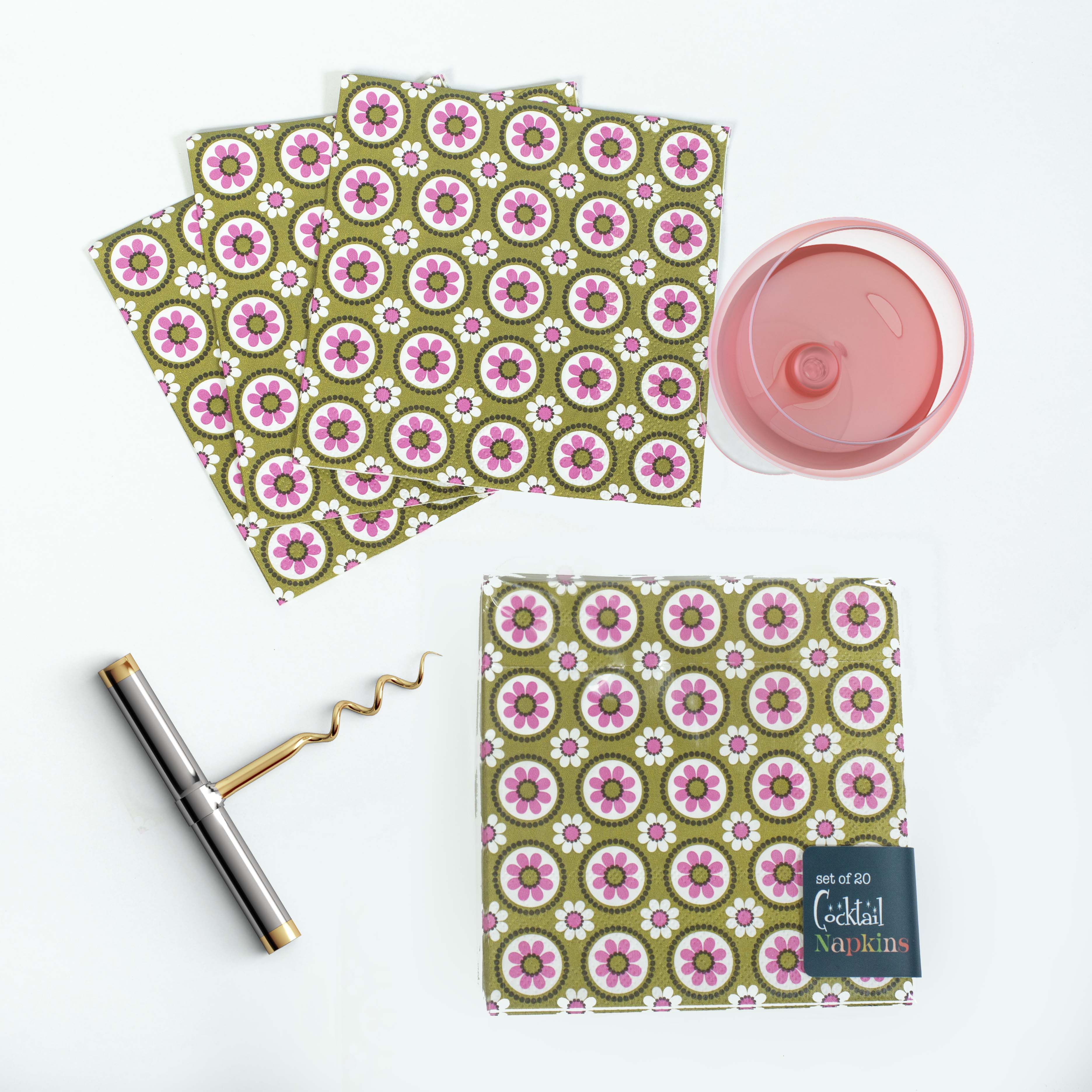 Retro Groovy Floral Pink and Green Cocktail Beverage Napkin