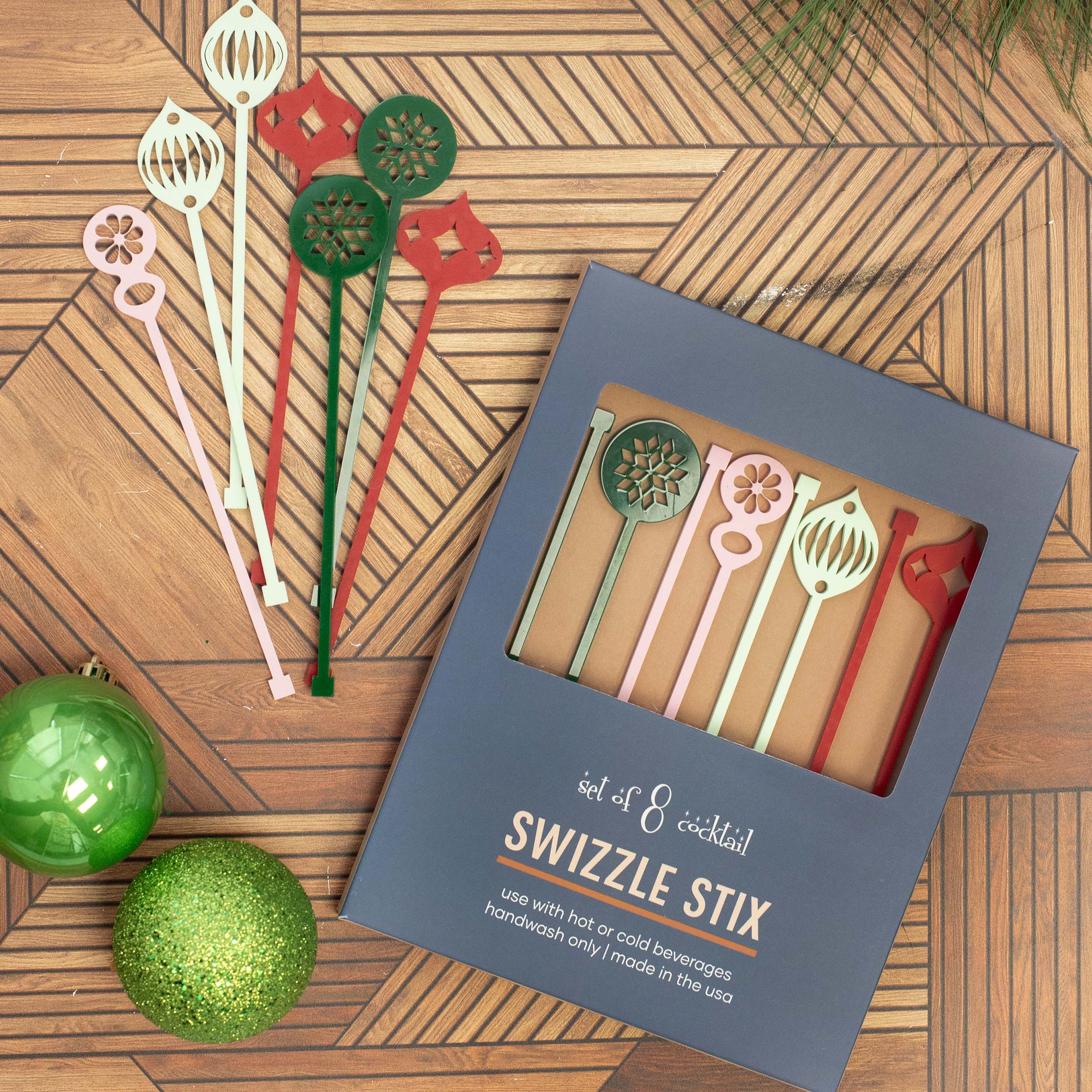 Retro Ornament Pink & Pistachio Holiday Beverage Mixing Swizzle Stirrers