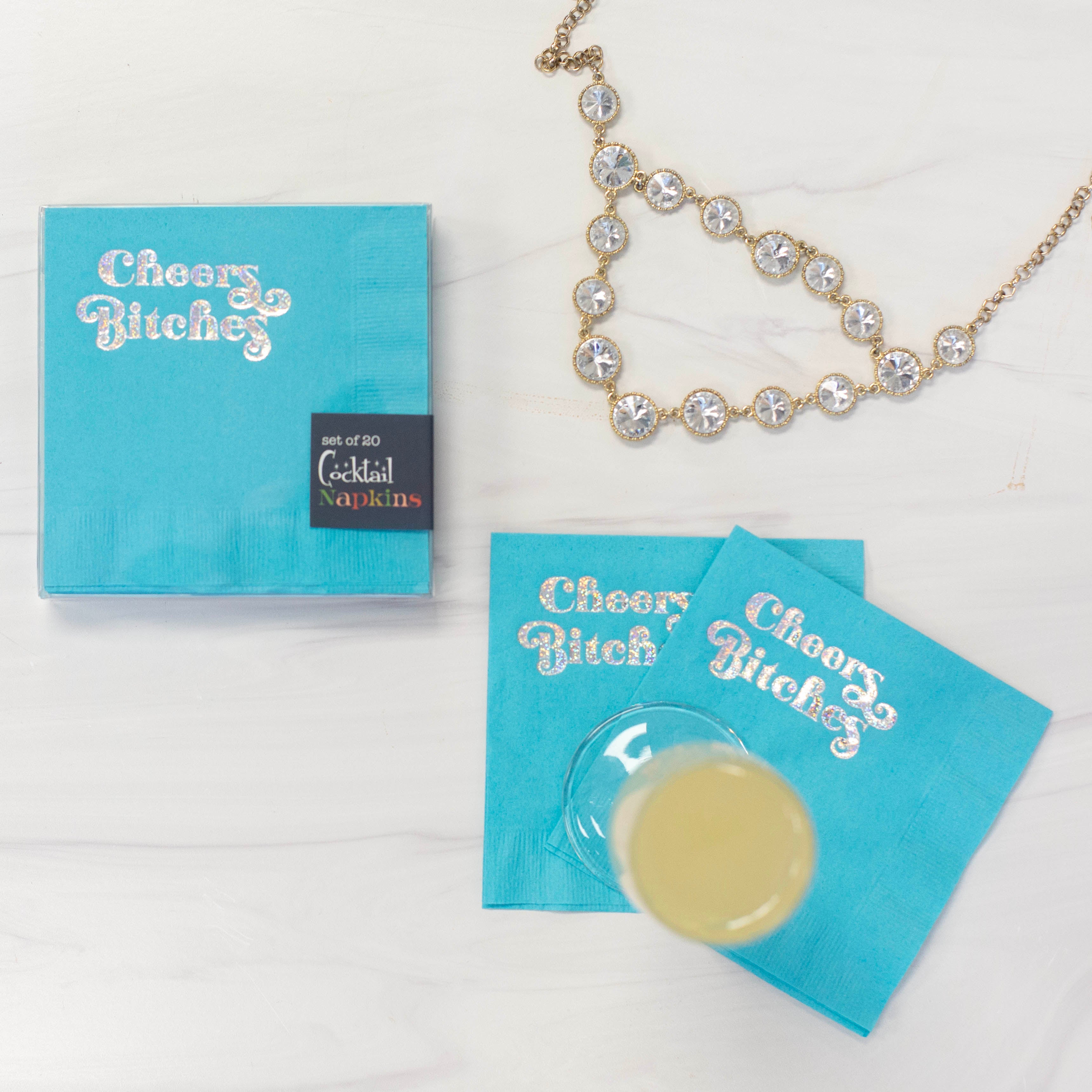 Cheers Bitches Glitter Foil Blue Cocktail Beverage Napkin