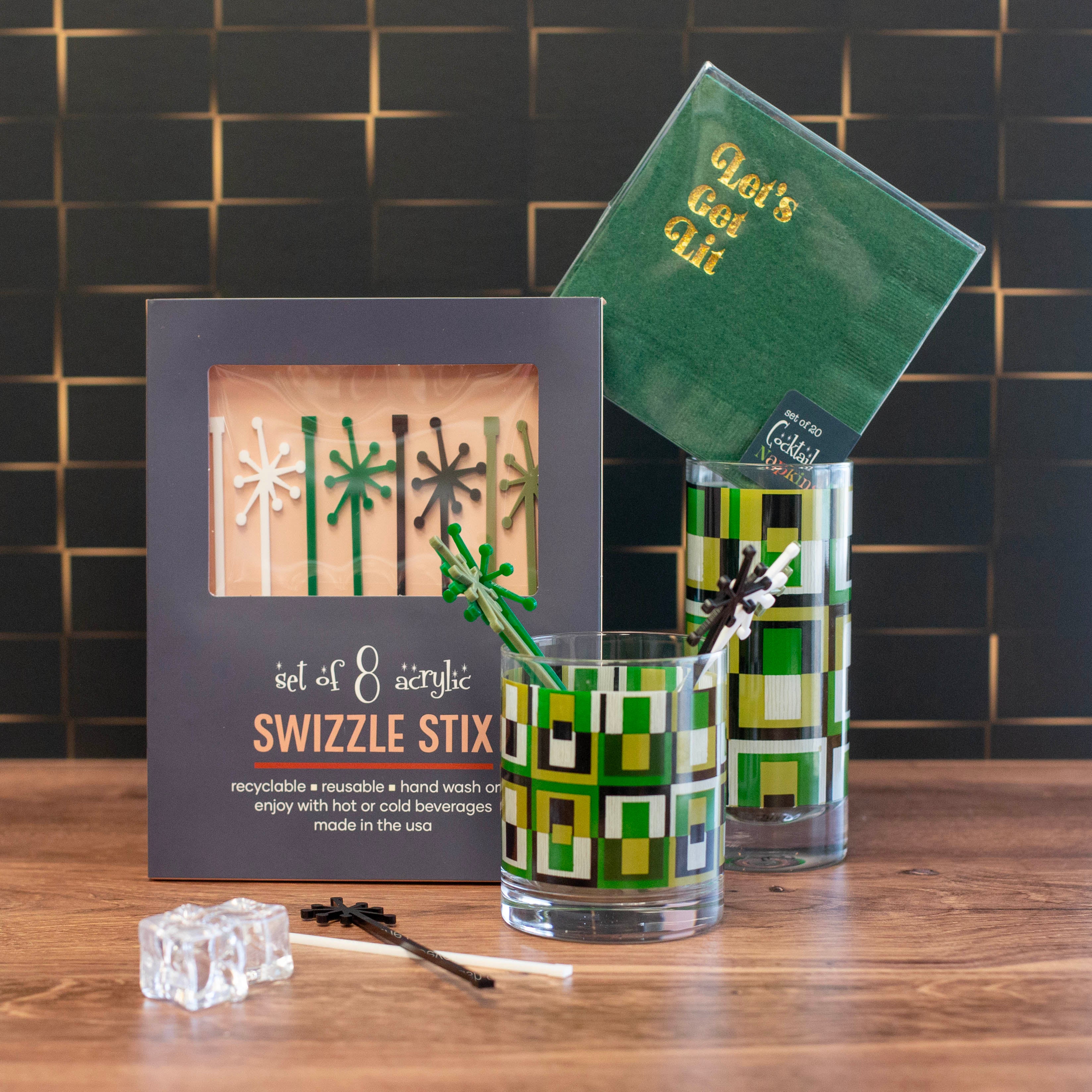 Retro Starburst Green Shades Acrylic Beverage Mixing Swizzle Stix