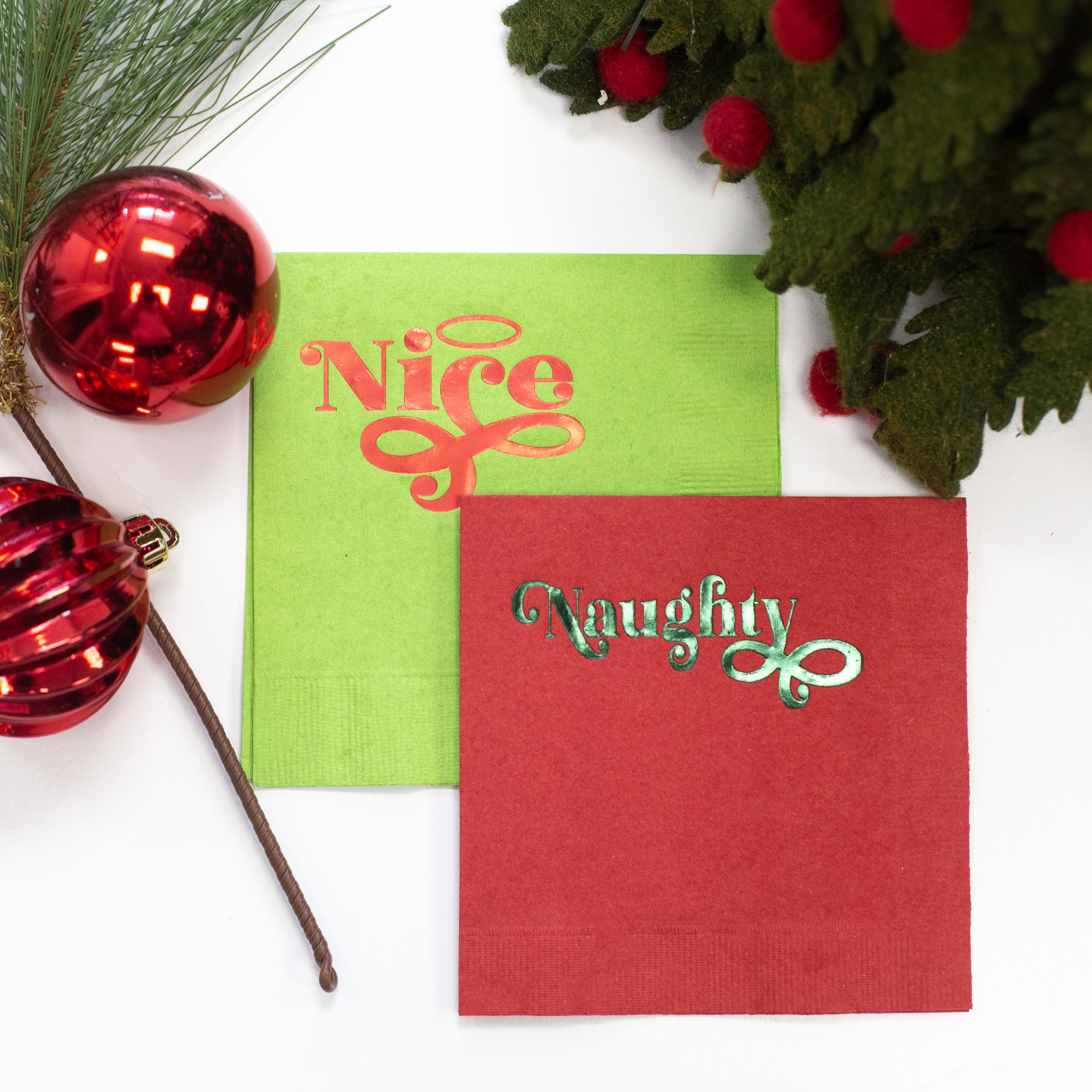 Naughty and Nice Foil Funny Holiday Cocktail Beverage Napkin
