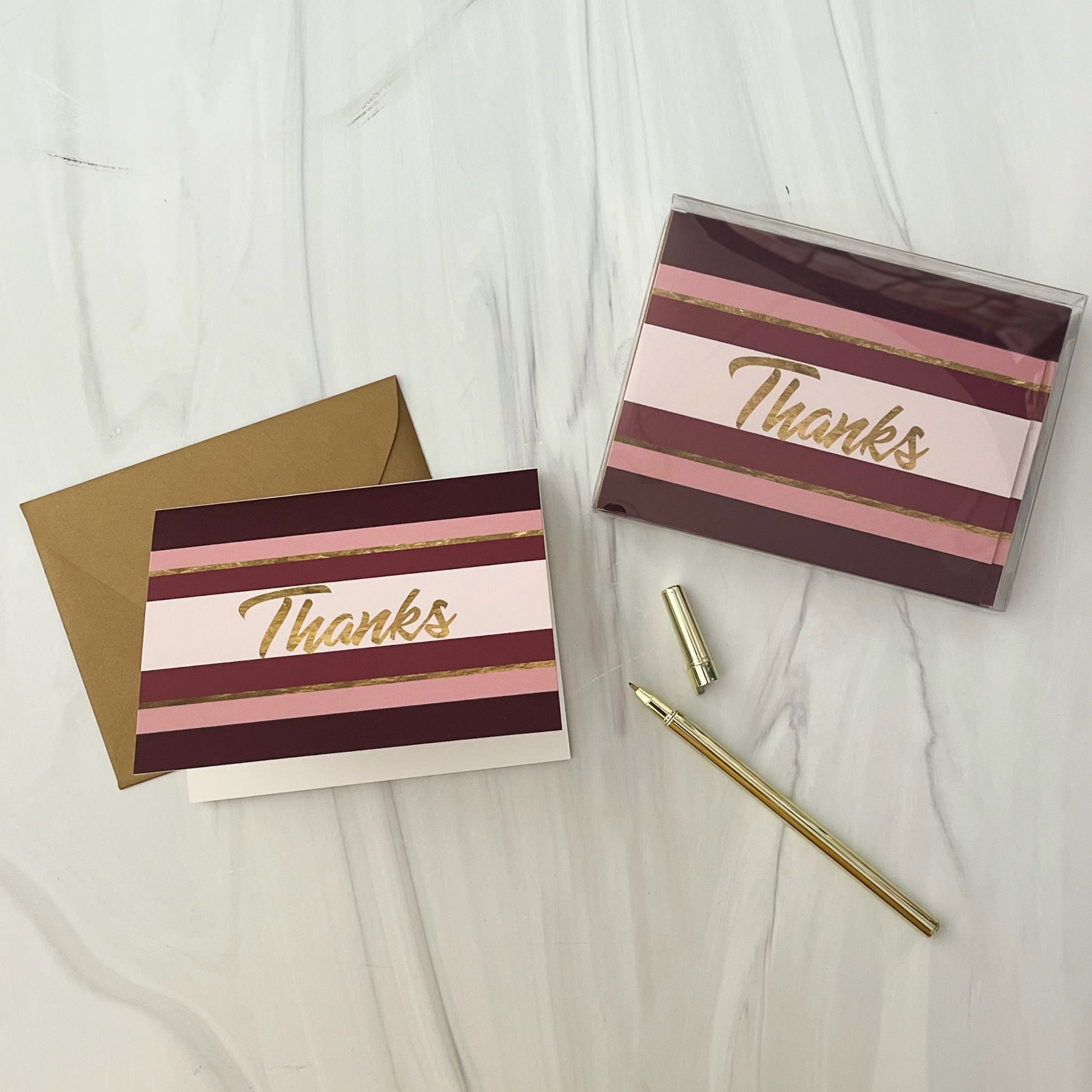 Wine Stripe and Gold Mid Century Modern Thank You Card Boxed Set