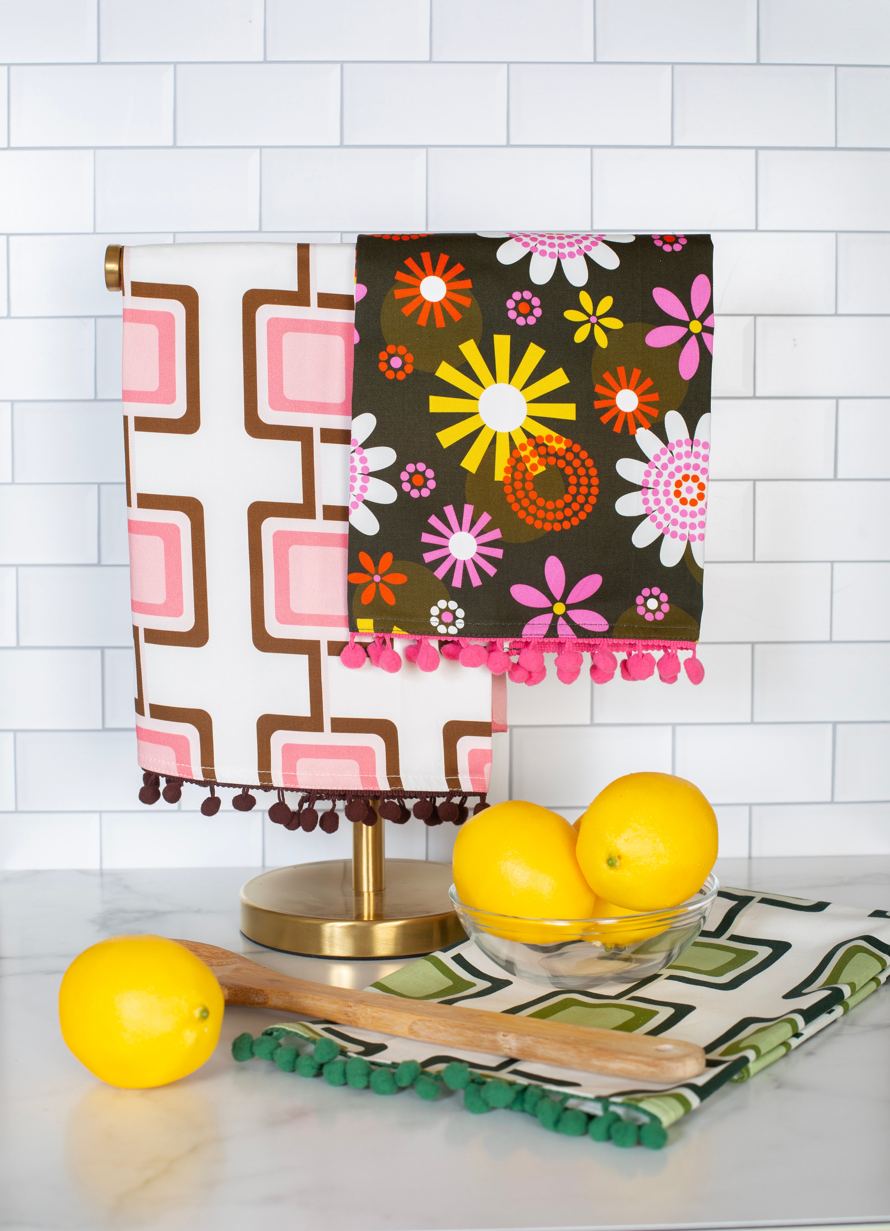 Retro Squares Green Mid Century Tea Towel with Trim