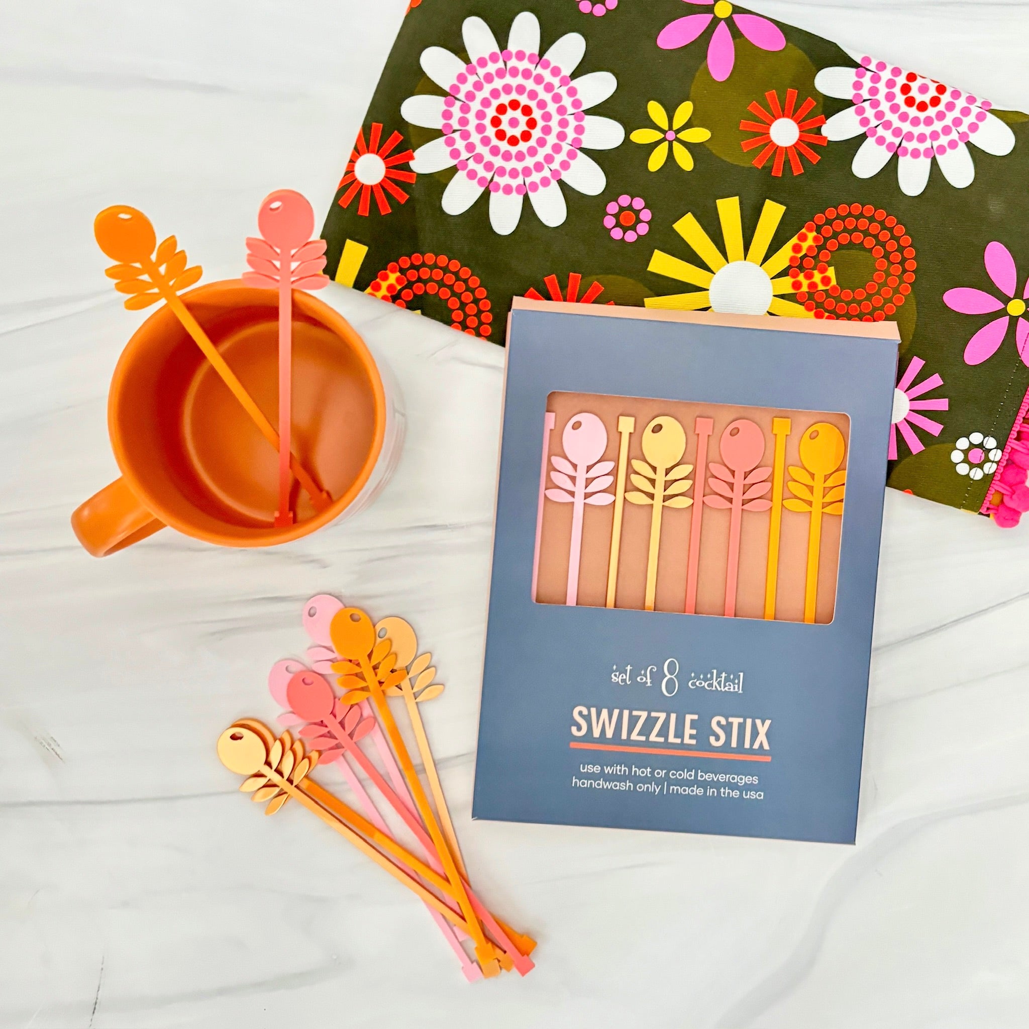 Pink Flowers Mid Century Modern Acrylic Drink Stirrer Swizzle Stix