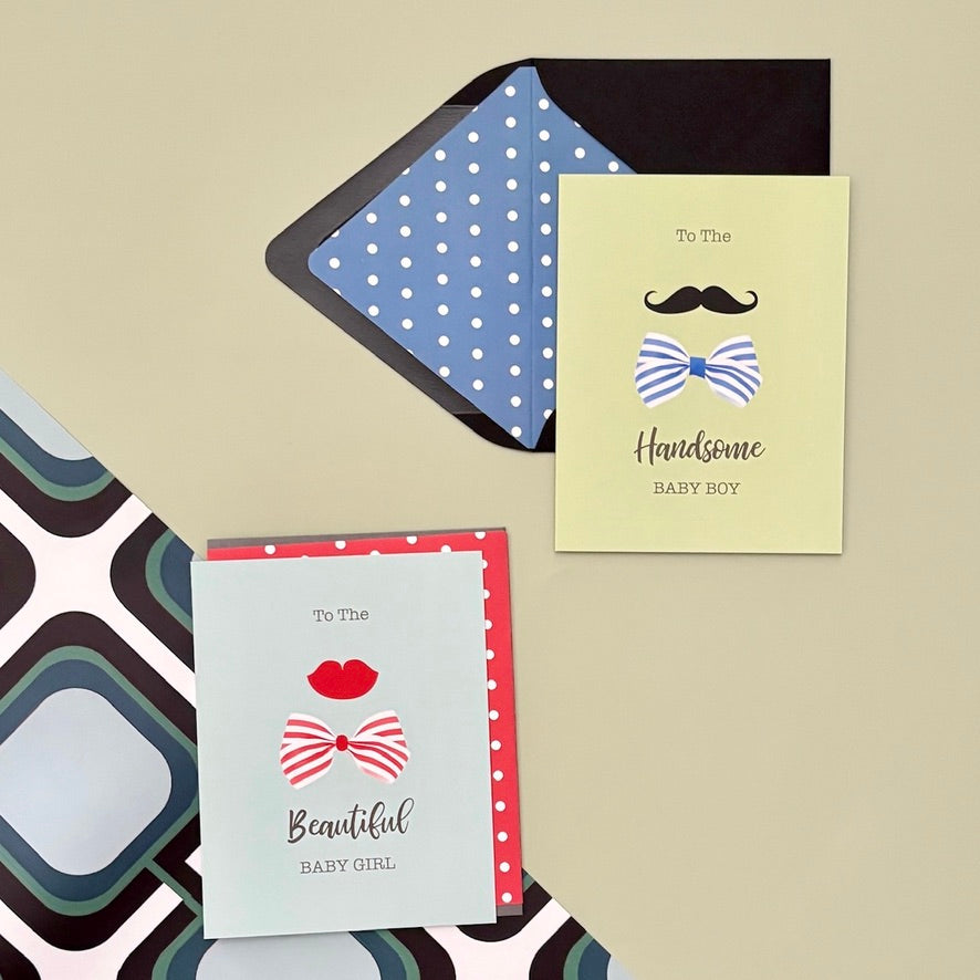 Handsome Baby Boy Retro Mustache and Bow Newborn Greeting Card