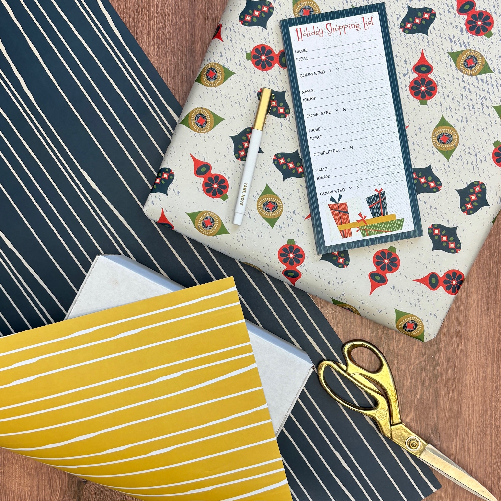 Worn Stripe Gift Wrap Blue and Yellow Double Sided Set of 2