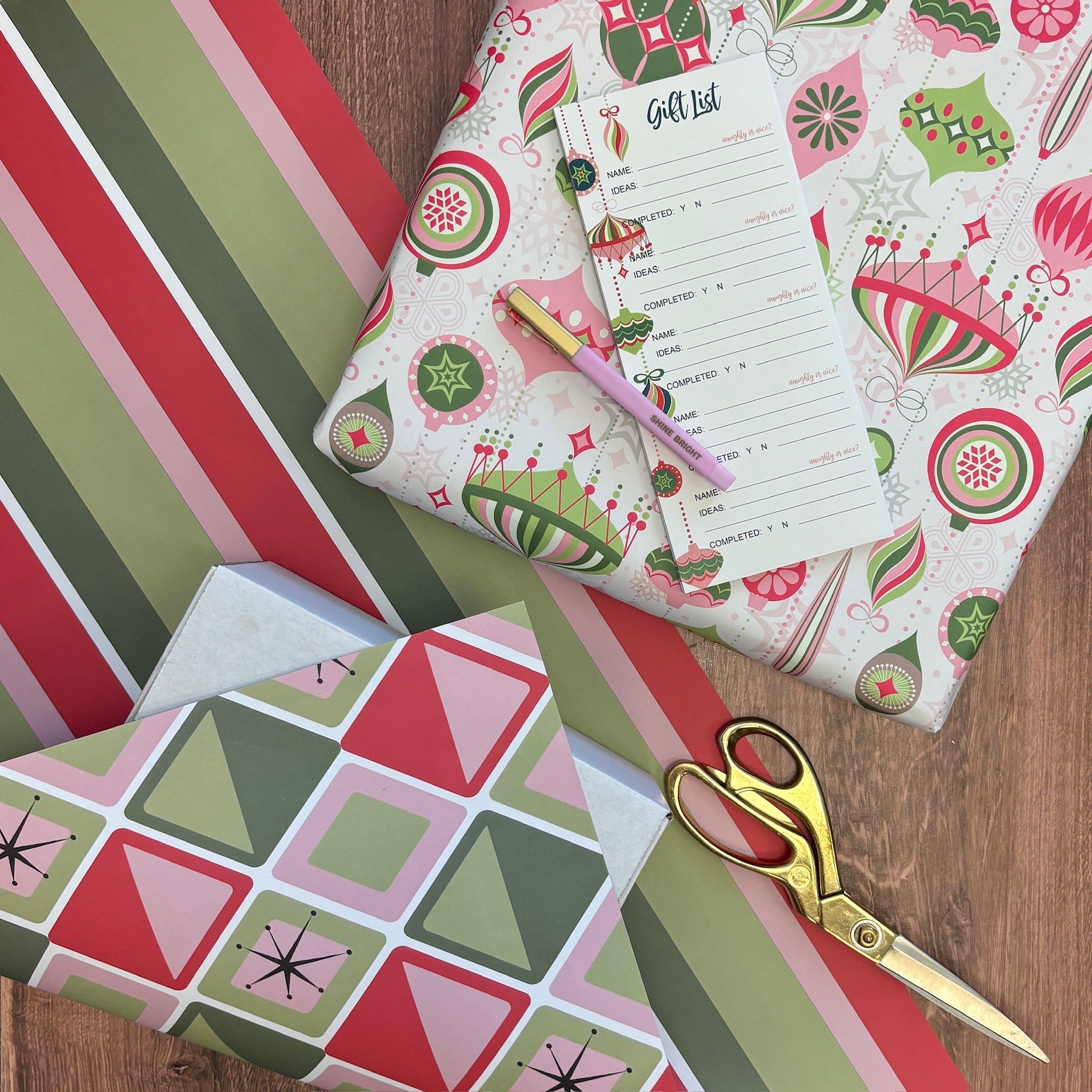 Holiday MCM Retro Ornaments Double Sided Holiday Gift Wrap Set of 2
