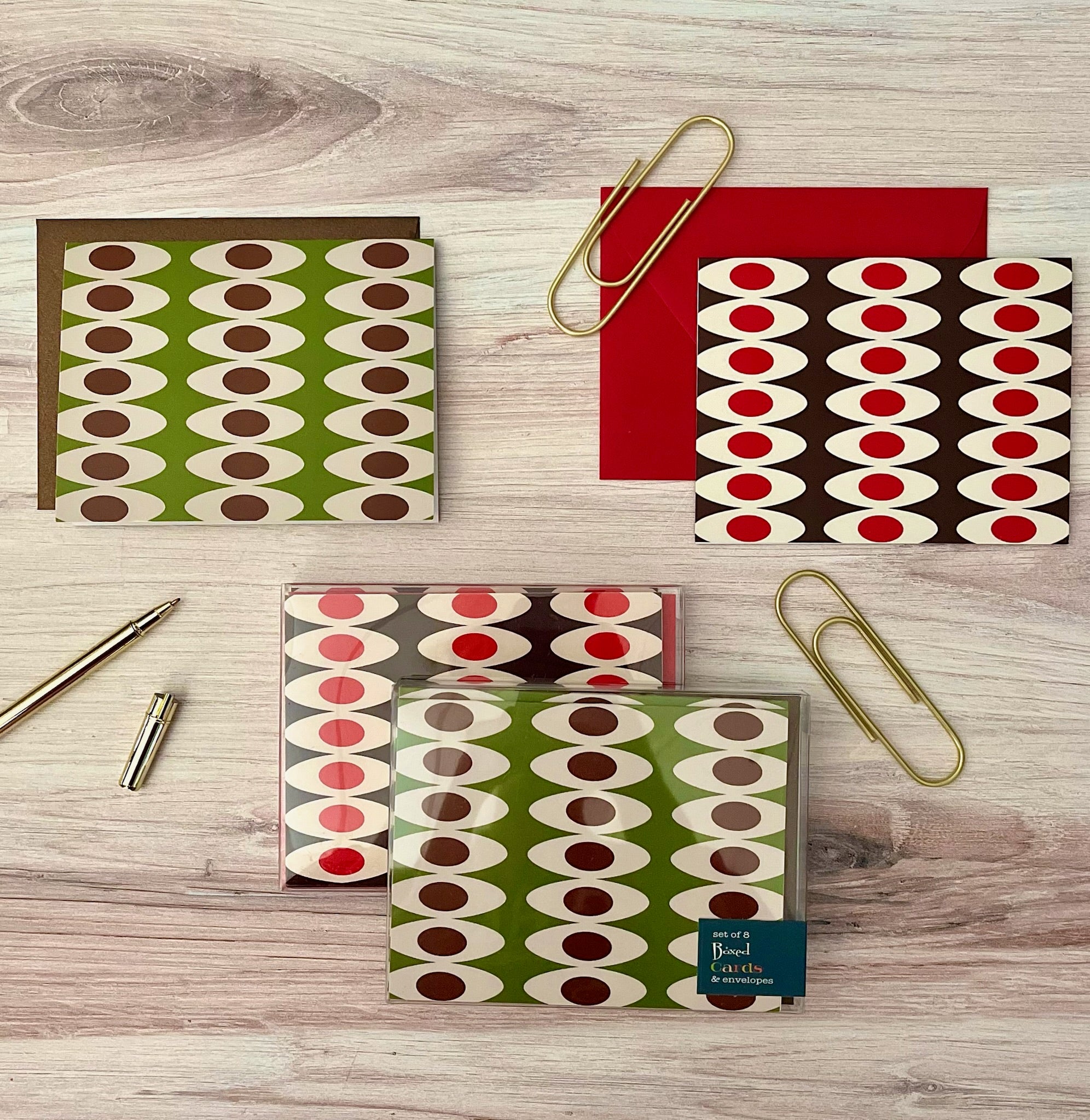 Oval Rows Mid Century Modern Green and Brown Notecard Boxed Set of 8