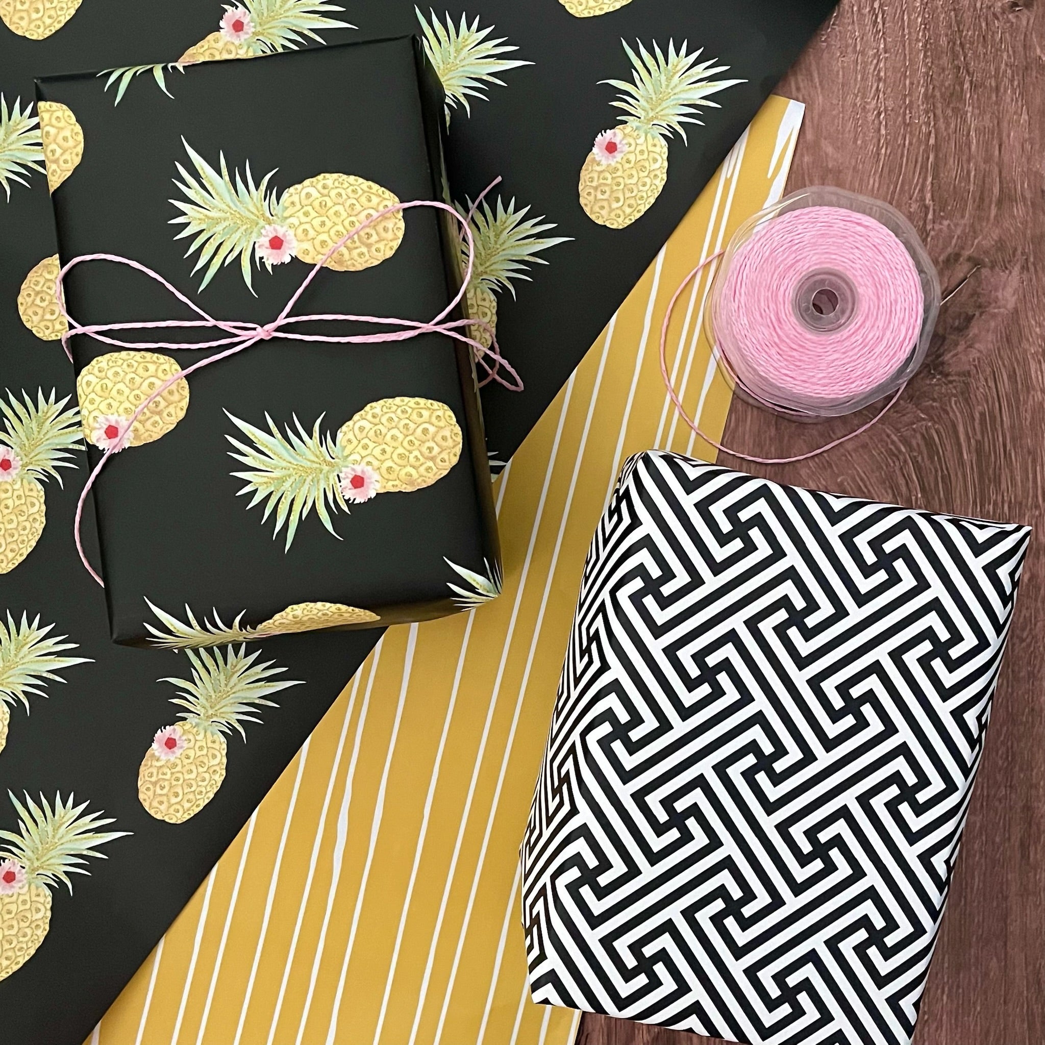 Worn Stripe Gift Wrap Blue and Yellow Double Sided Set of 2
