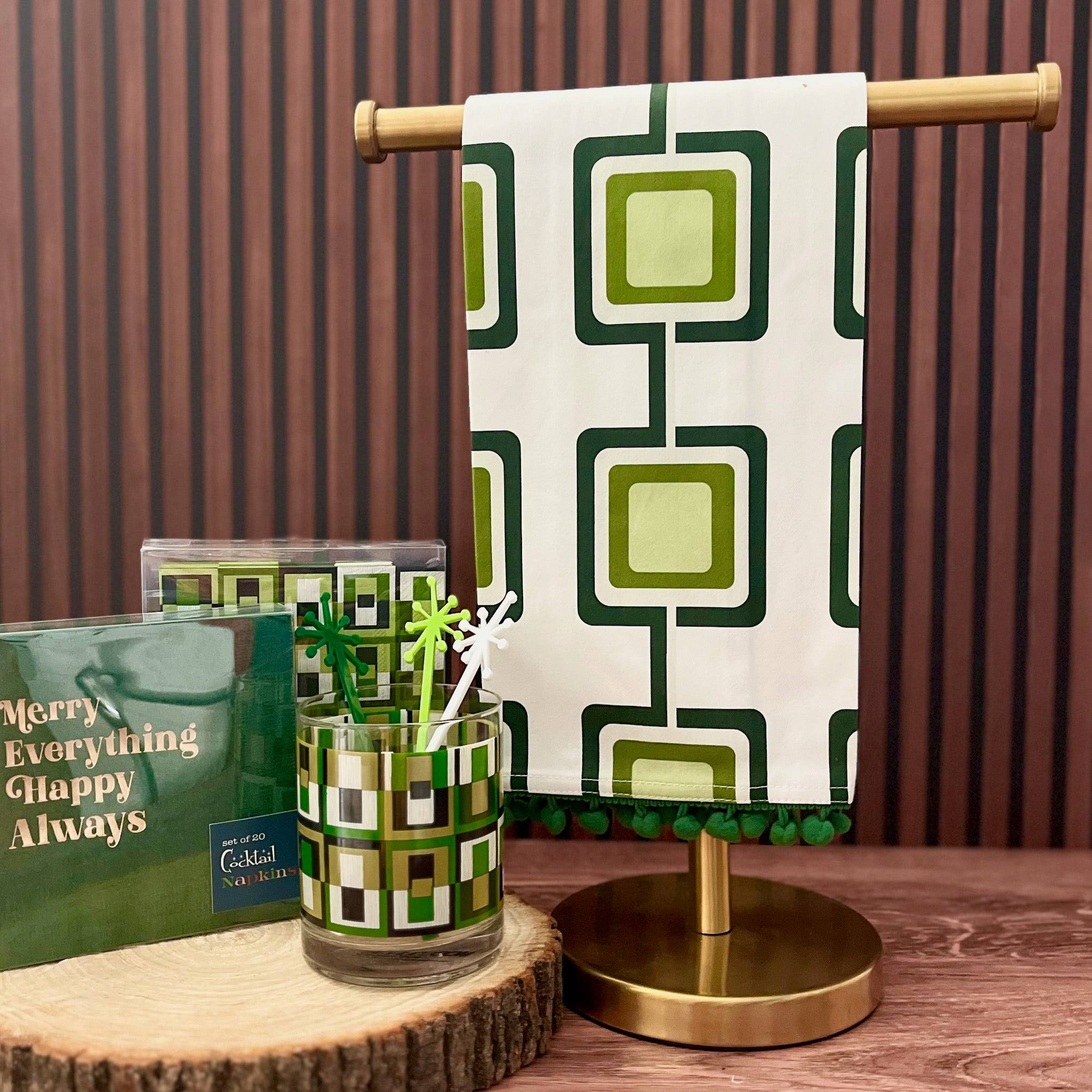 Retro Squares Green Mid Century Tea Towel with Trim
