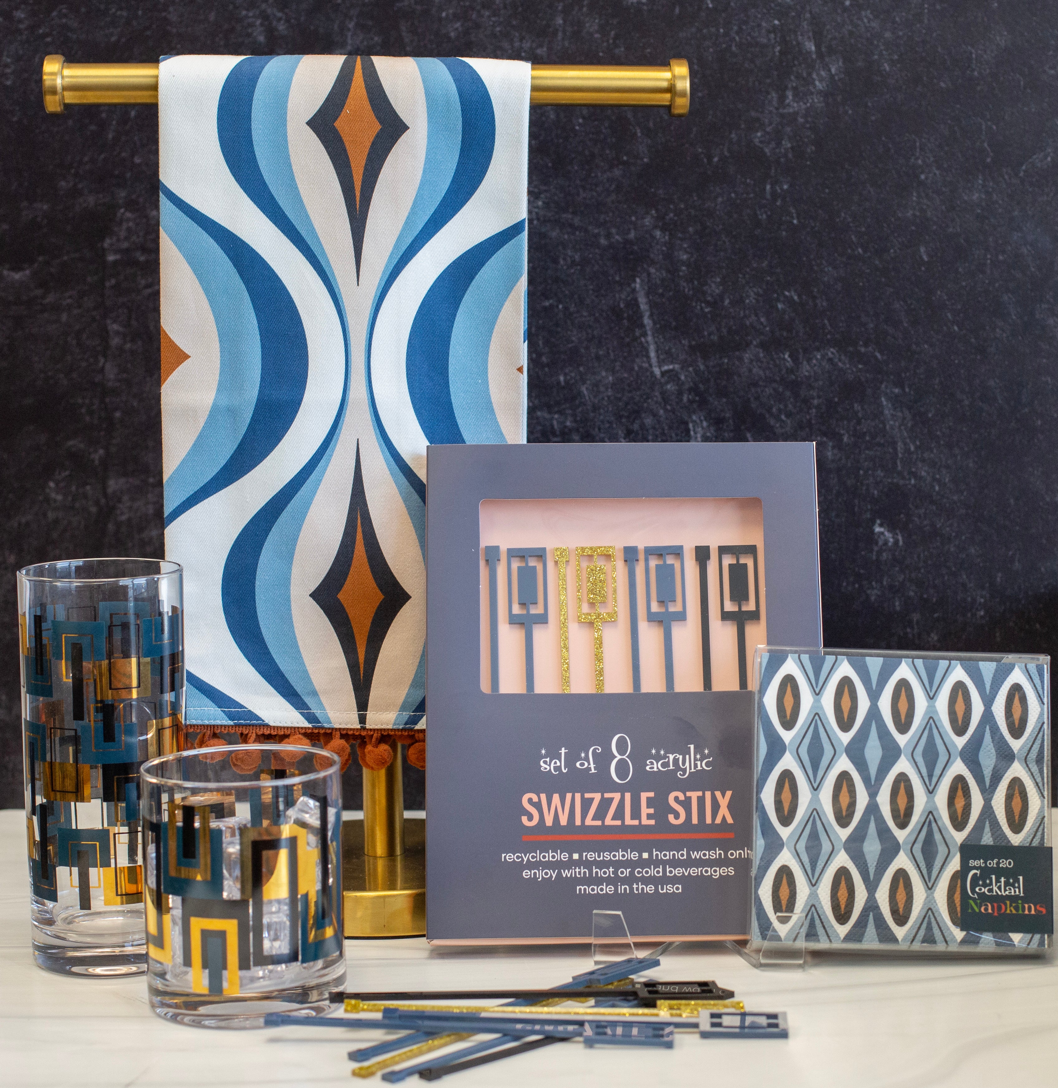 Navy and Gold Mid Century Rectangle Acrylic Swizzle Stix Drink Stirrers