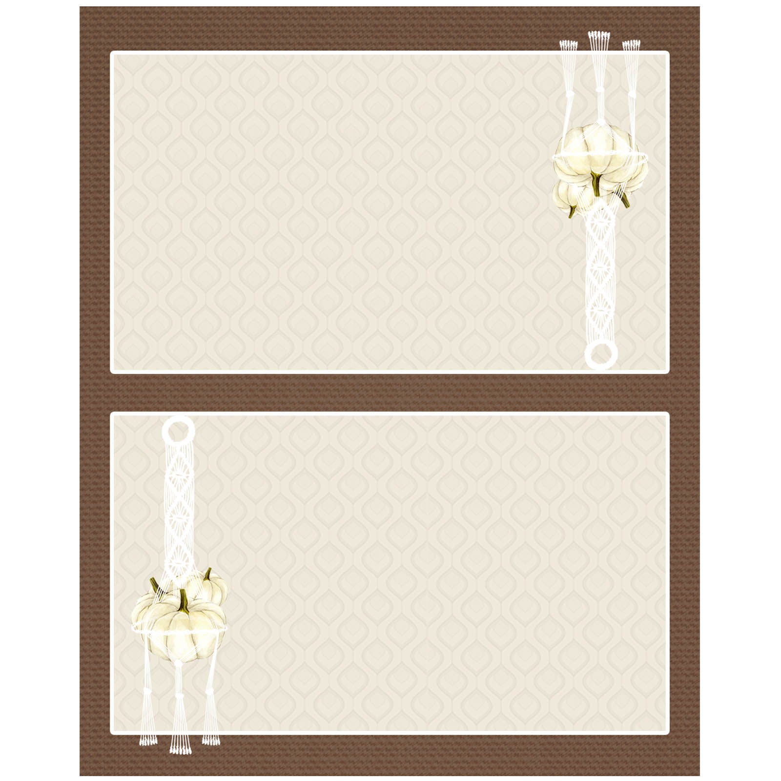 Bring a nostalgic 70's vibe to your event with this boho folded place card! Featuring a classic white pumpkin in a hanging macrame planter, these cards are perfect for buffets and name placecard tags, sure to impress your guests and add a unique touch to your vintage party decor. Perfect for Fall festivities, Host and Hostess gifts, or Thanksgiving Dinner