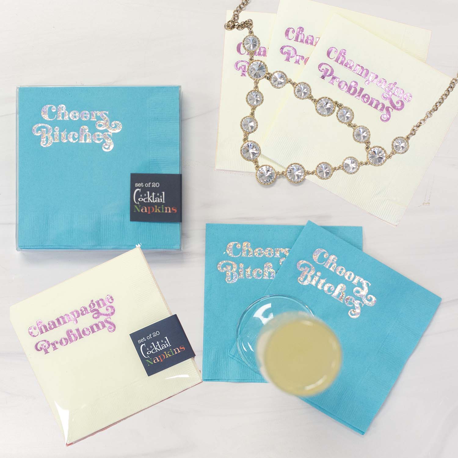 Cheers Bitches Glitter Foil Blue Cocktail Beverage Napkin