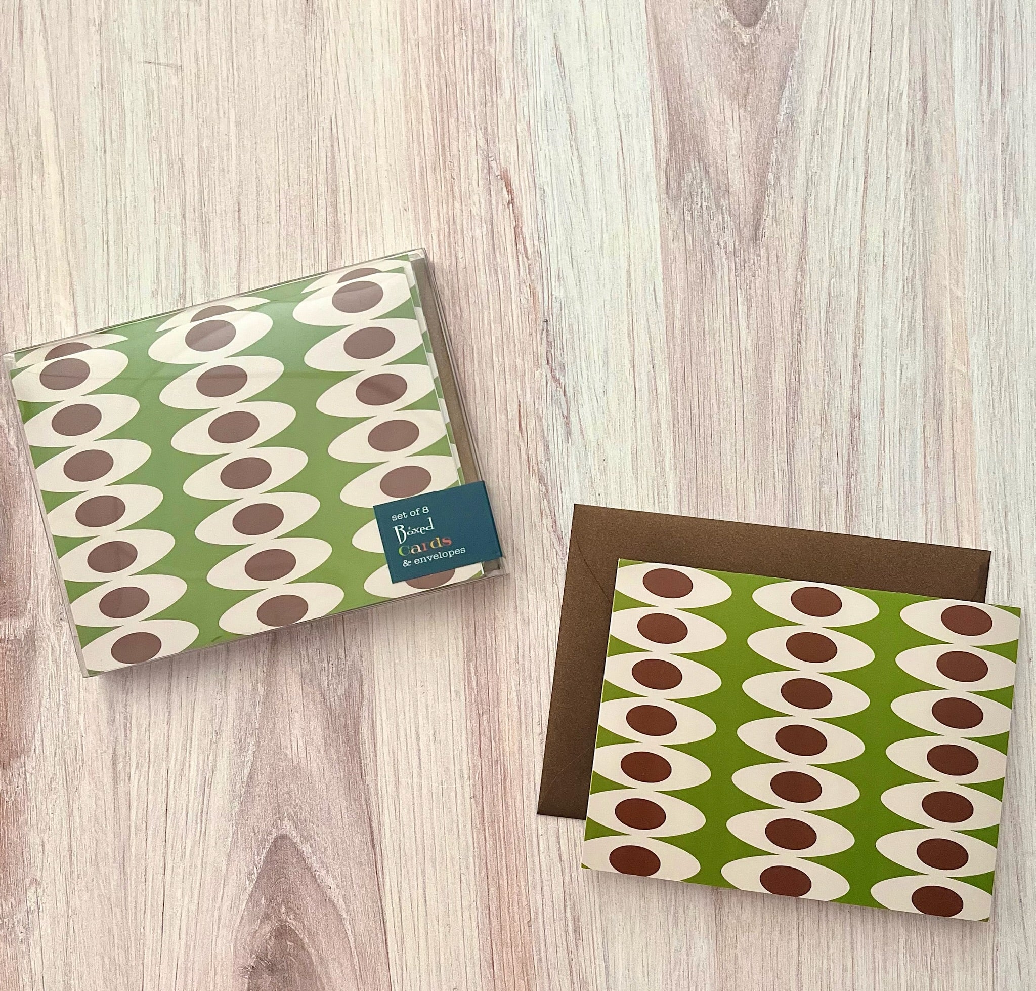 Oval Rows Mid Century Modern Green and Brown Notecard Boxed Set of 8