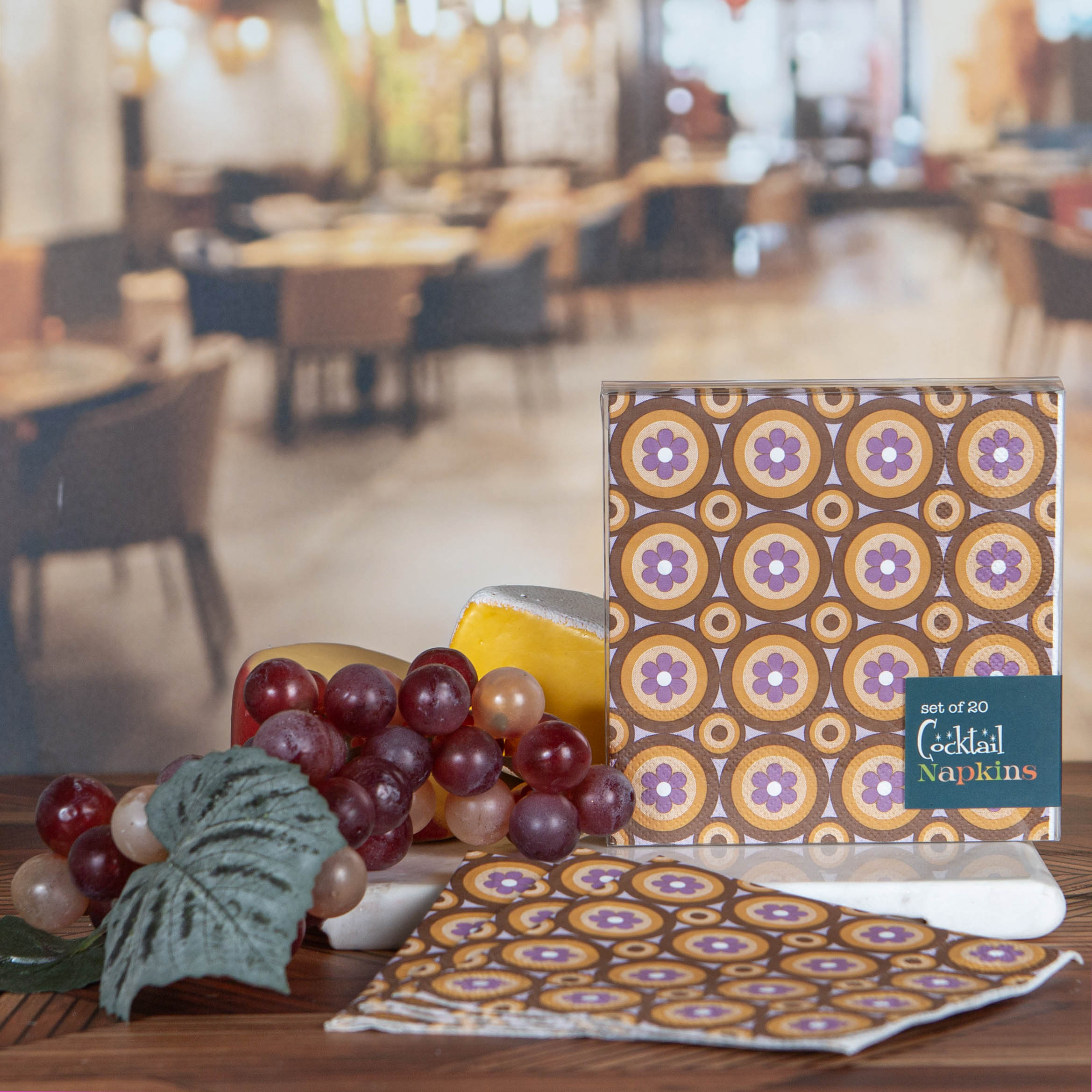 Flower in Circle Purple and Brown Retro Beverage Cocktail Napkin