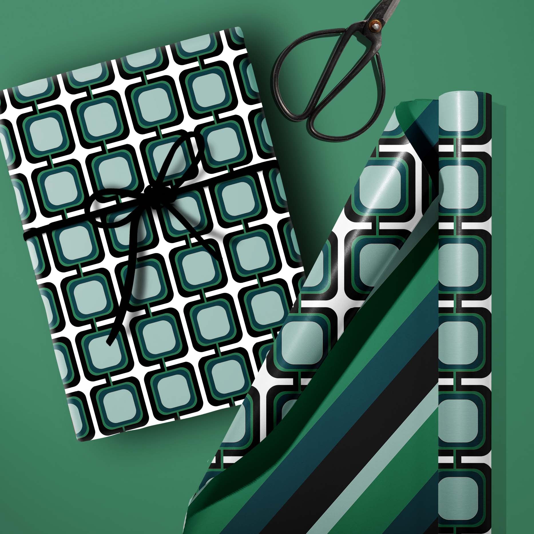 Blue Retro Squares Mid Century Double Sided Gift Wrap Craft Sheets