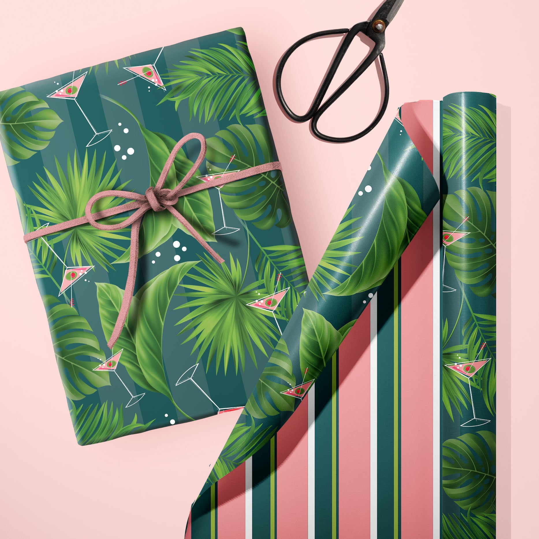 Palm and Pink Martini Double Sided Gift Wrap Set of 2