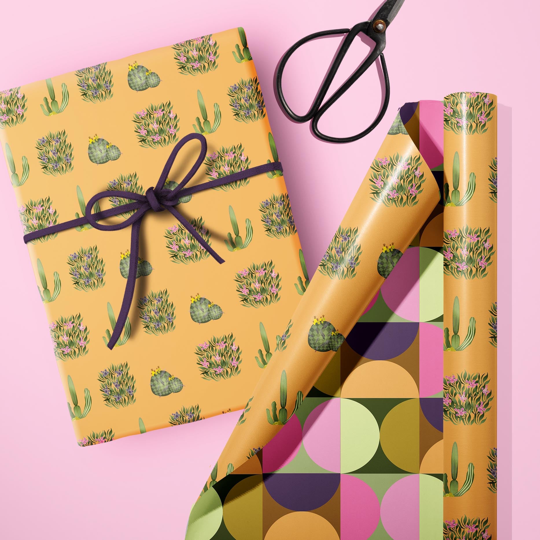 Cactus and Floral Bush Orange Double Sided Gift Wrap Craft Sheet