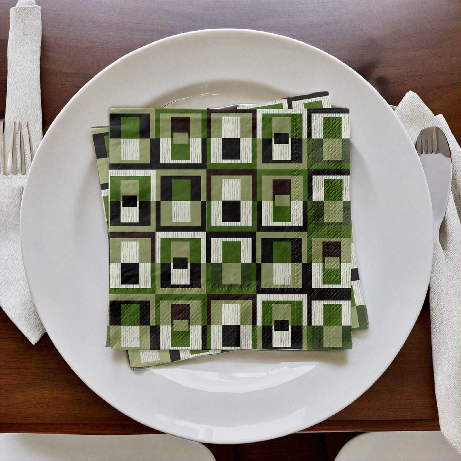 Green Square in Rectangle Mid Century Modern Cocktail Beverage Napkin