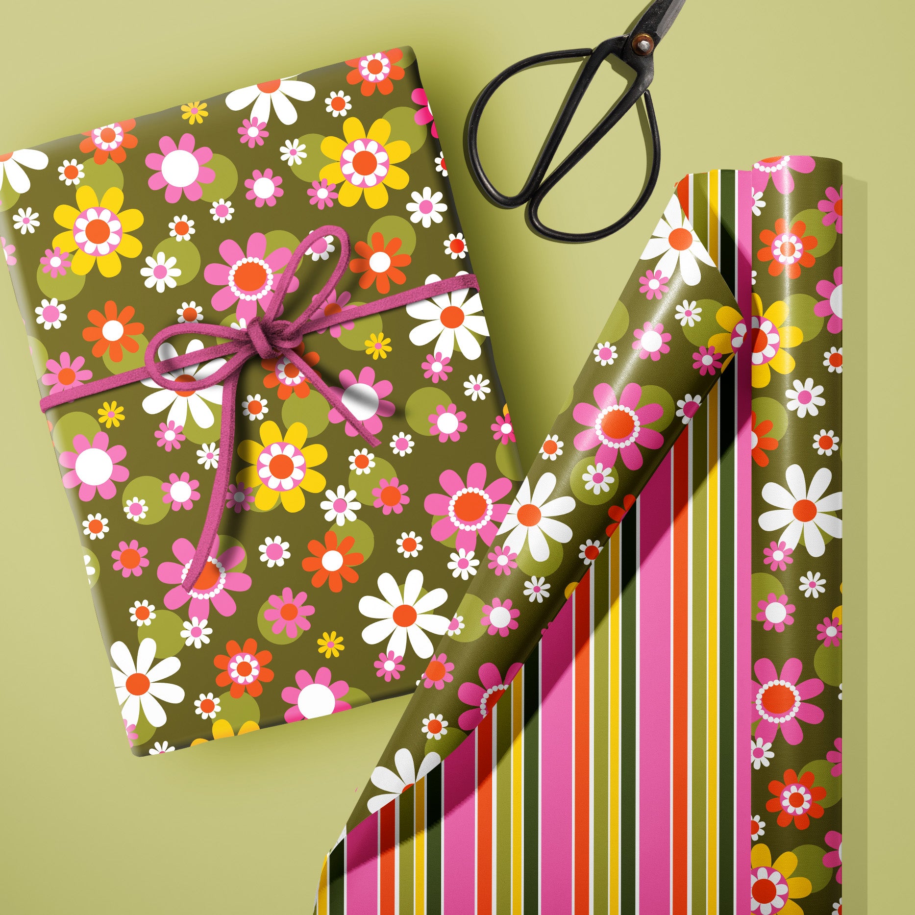 Groovy Retro Floral Bunch Double Sided Gift Wrap Set of 2