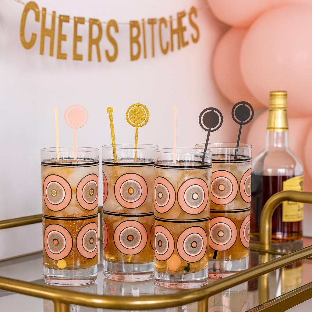 Pink and Gold Round Acrylic Swizzle Stix Drink Stirrers