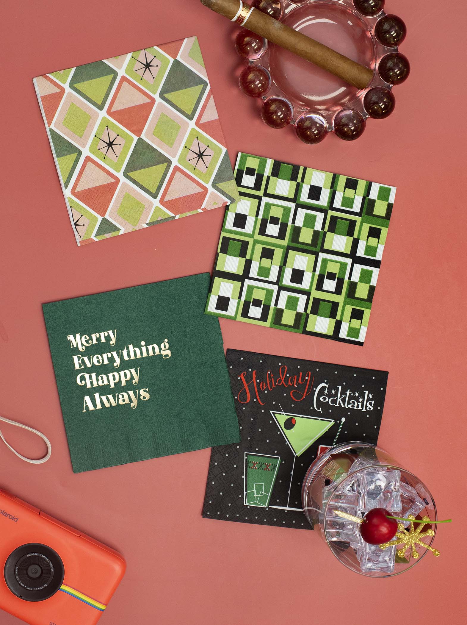 Green Square in Rectangle Mid Century Modern Cocktail Beverage Napkin