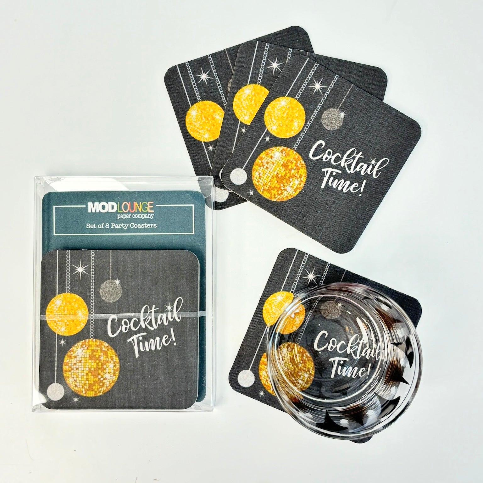 Cocktail Time Disco Ball Black and Gold Paper Coasters