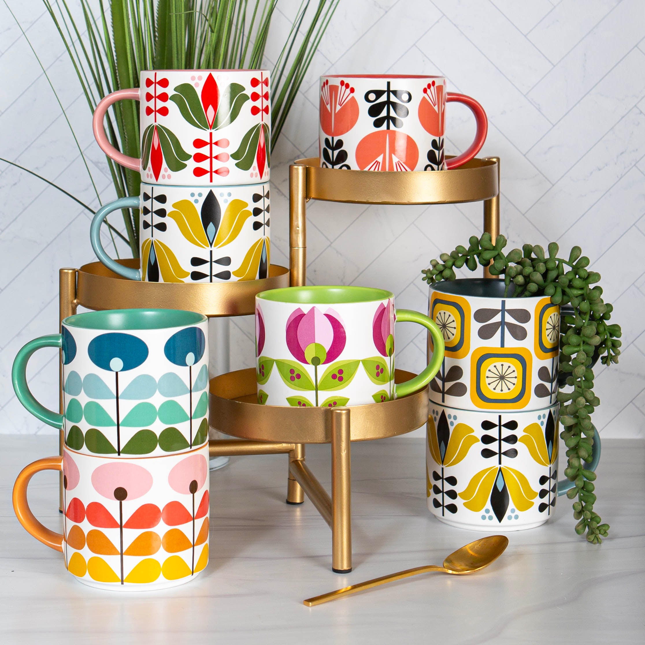 Pink Mid Century Modern Flower Stackable Matte Coffee Mug