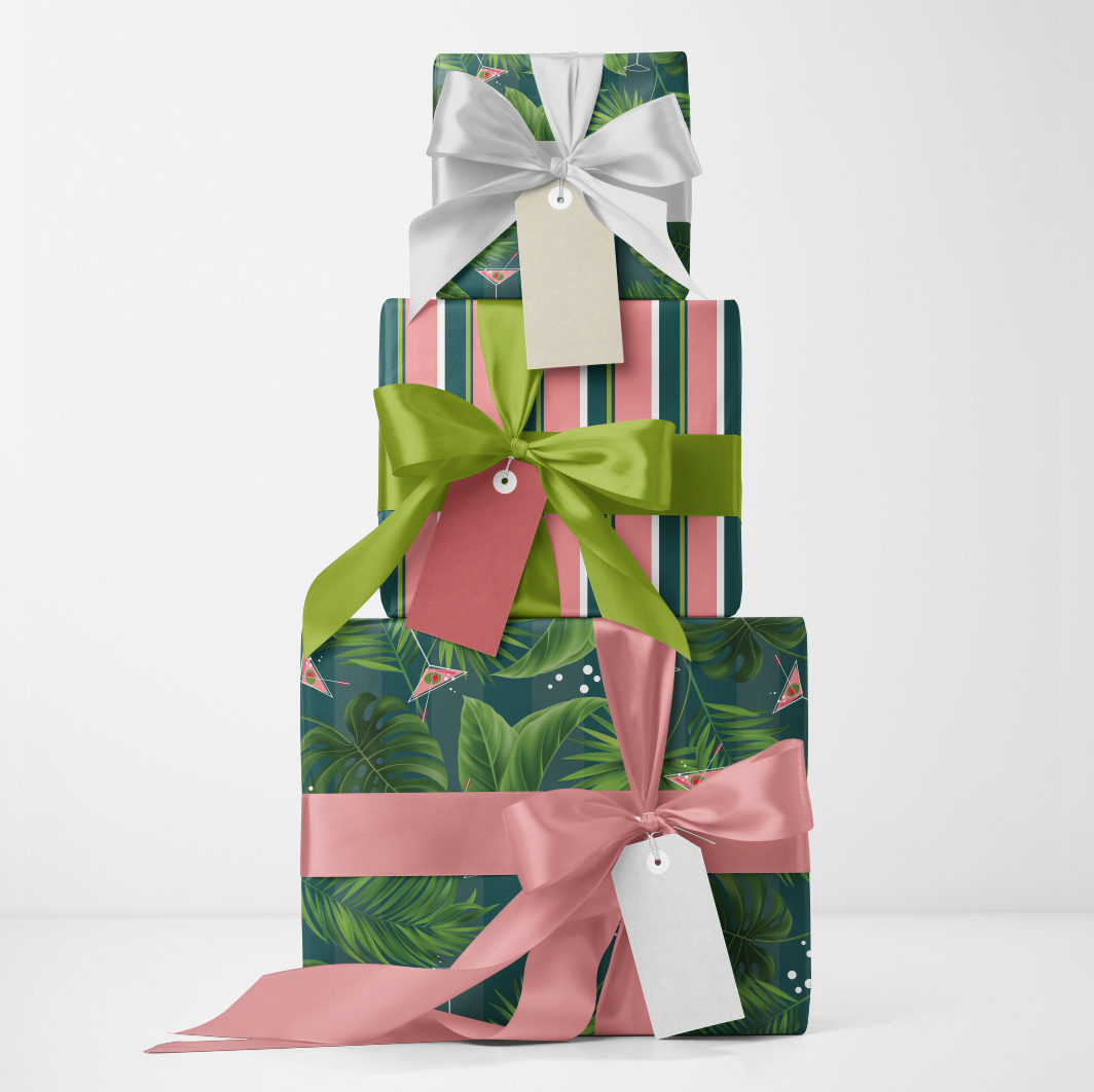 Palm and Pink Martini Double Sided Gift Wrap Set of 2