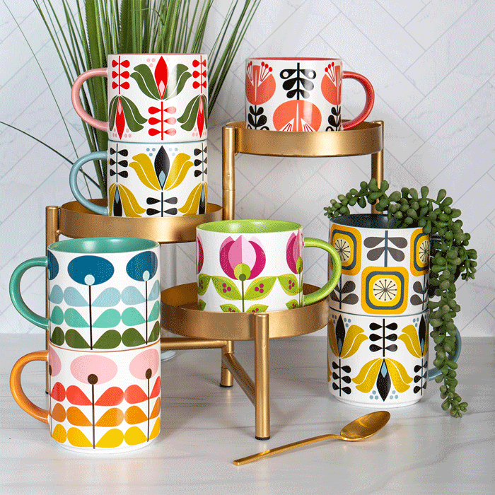 Blue Mid Century Modern Flower Stackable Matte Coffee Mug