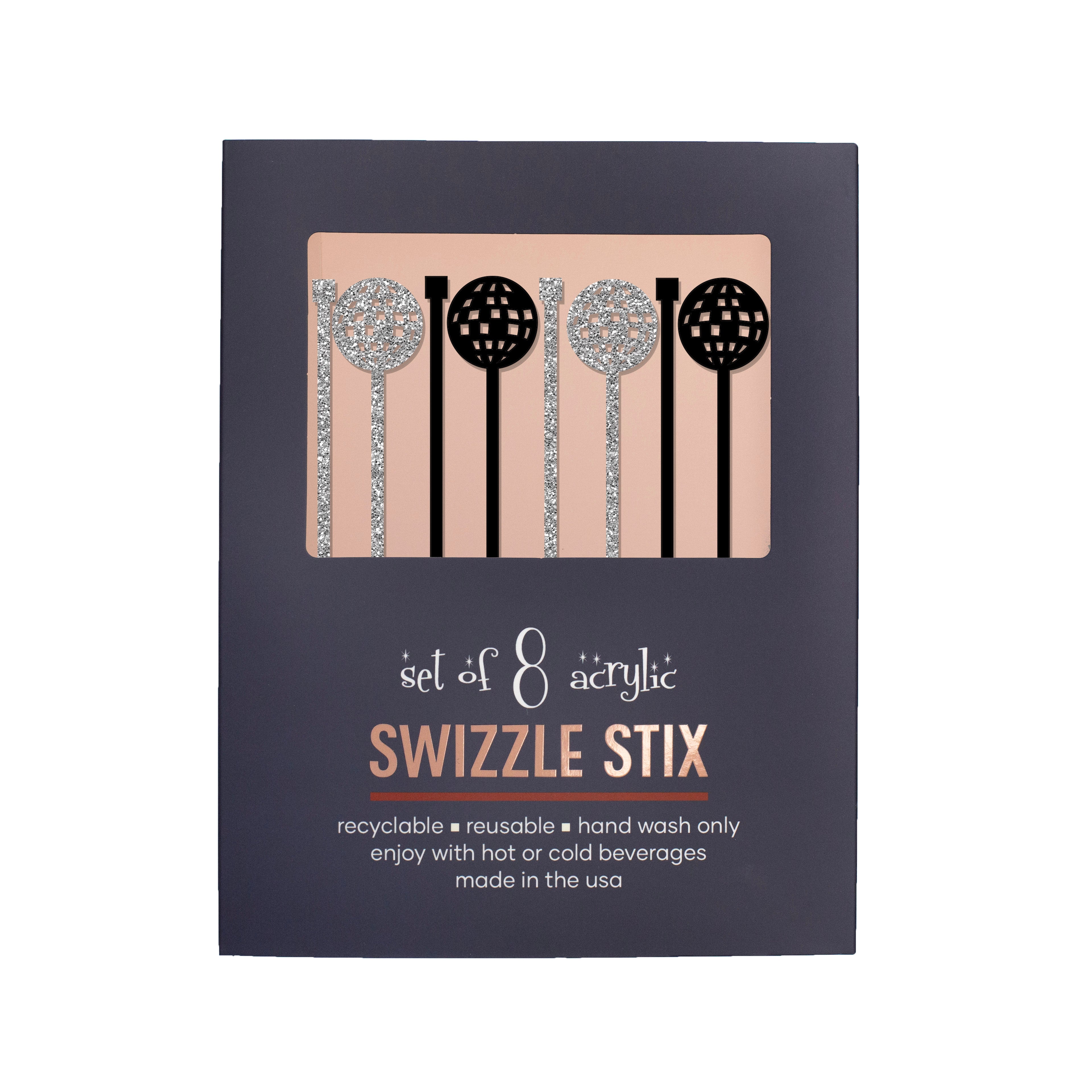 Disco Ball Silver Glitter and Black Acrylic Drink Stirrer Swizzle Stix