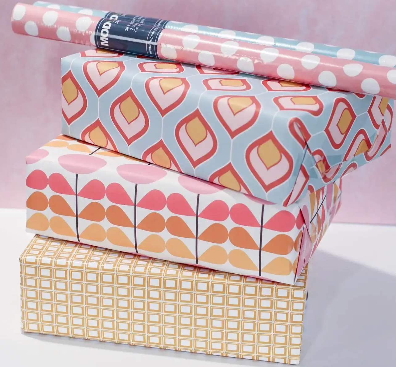 Pink Mid Century Modern Flower Gift Wrap Craft Sheet