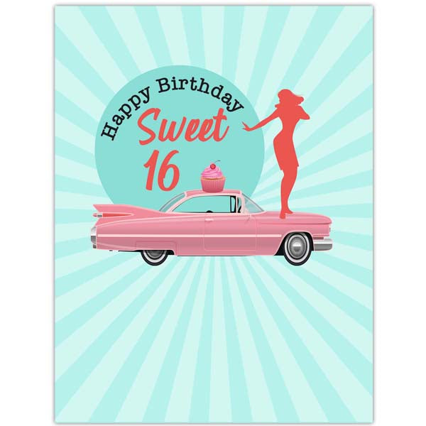 Sweet 16 Retro Car and Mod Dancer 16th Birthday Card