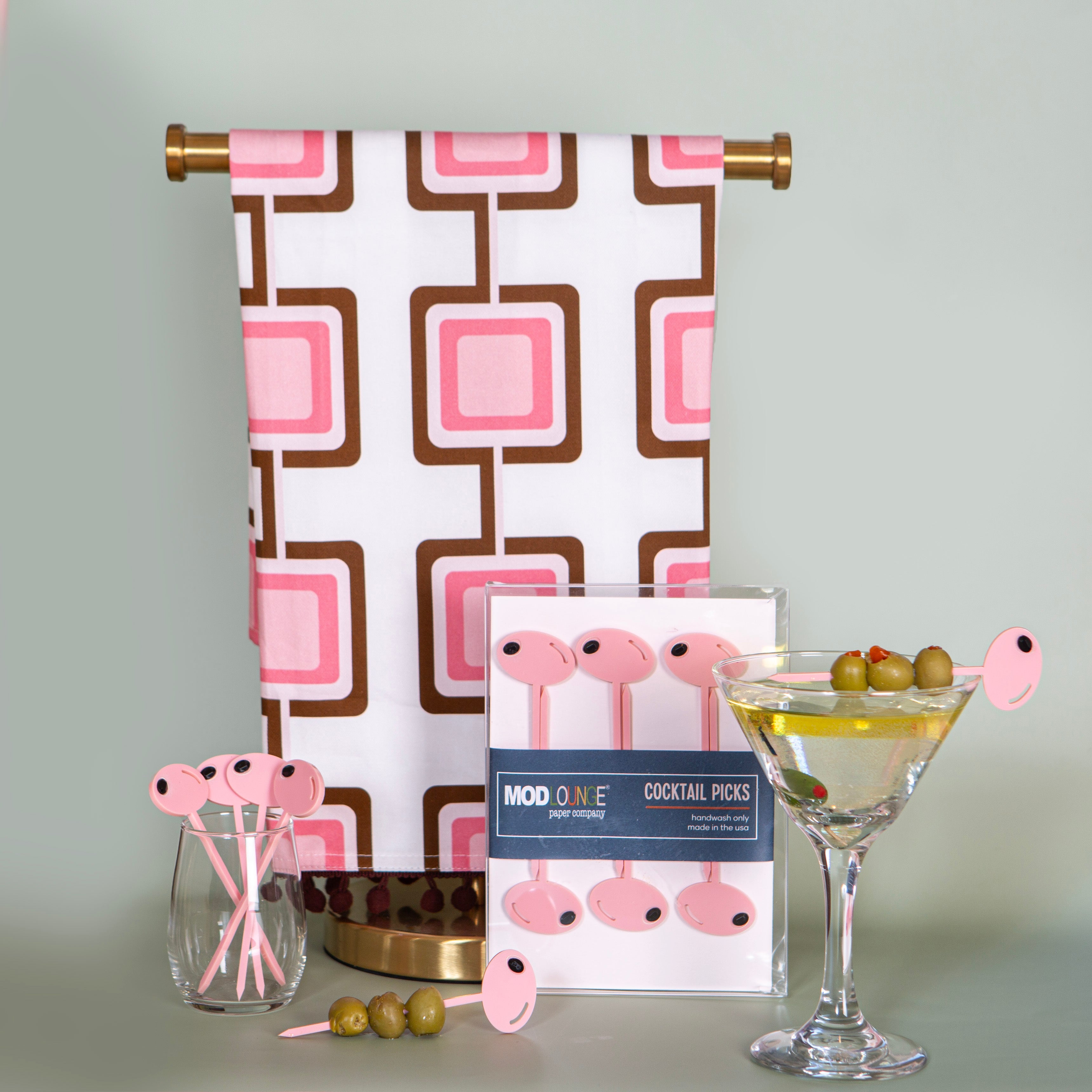 vintage tea towel and olive cocktail pick housewarming or birthday gifts