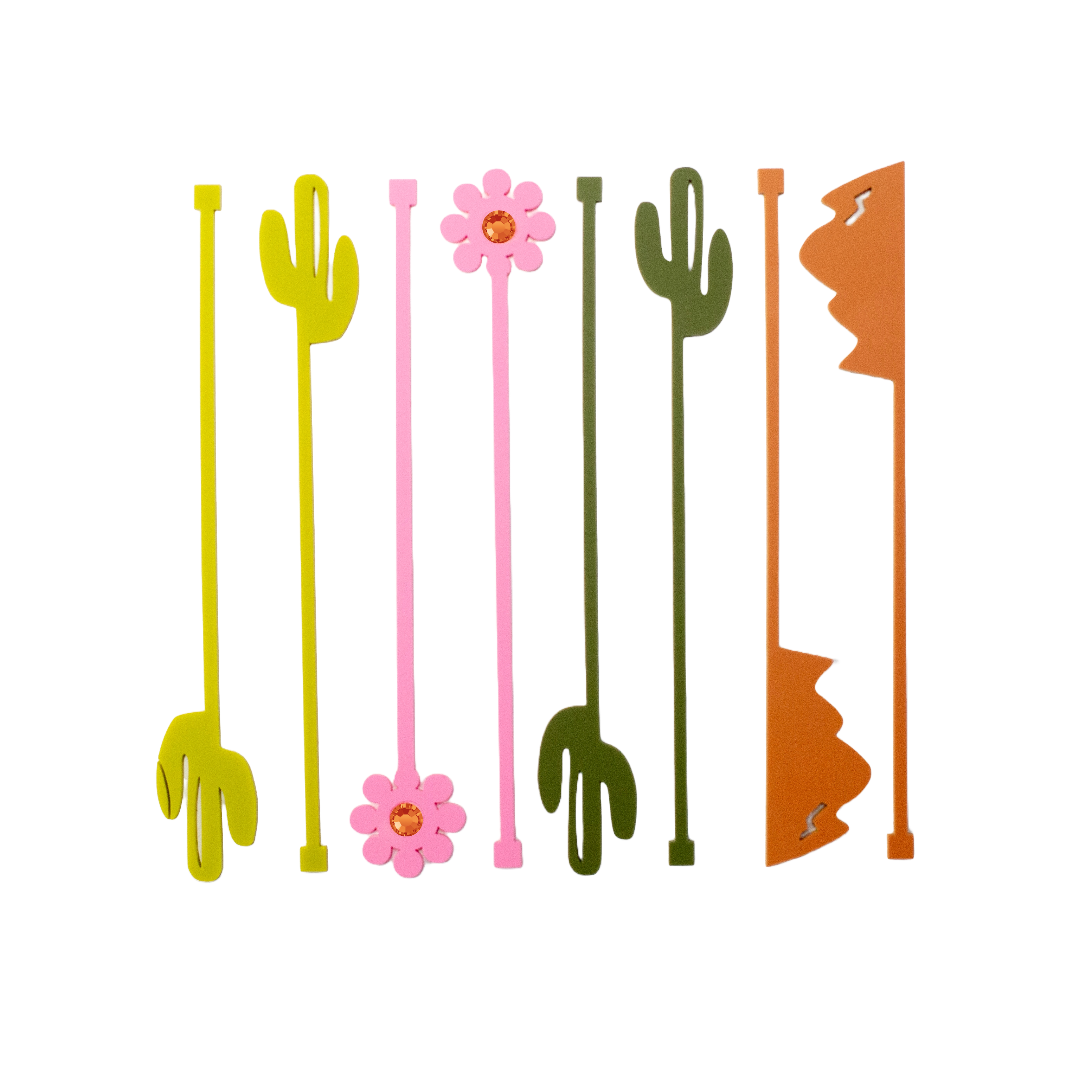 Add a touch of western charm to your bar decor and craft cocktails with our Cactus Mountain Acrylic Swizzle Drink Stirrers! Created from durable luxe acrylics, these stirrers feature a cactus and mountain design along with a vibrant pink flower showing off a touch of glam with an orange rhinestone. Perfect for hosting parties or adding flair to your everyday refreshments.