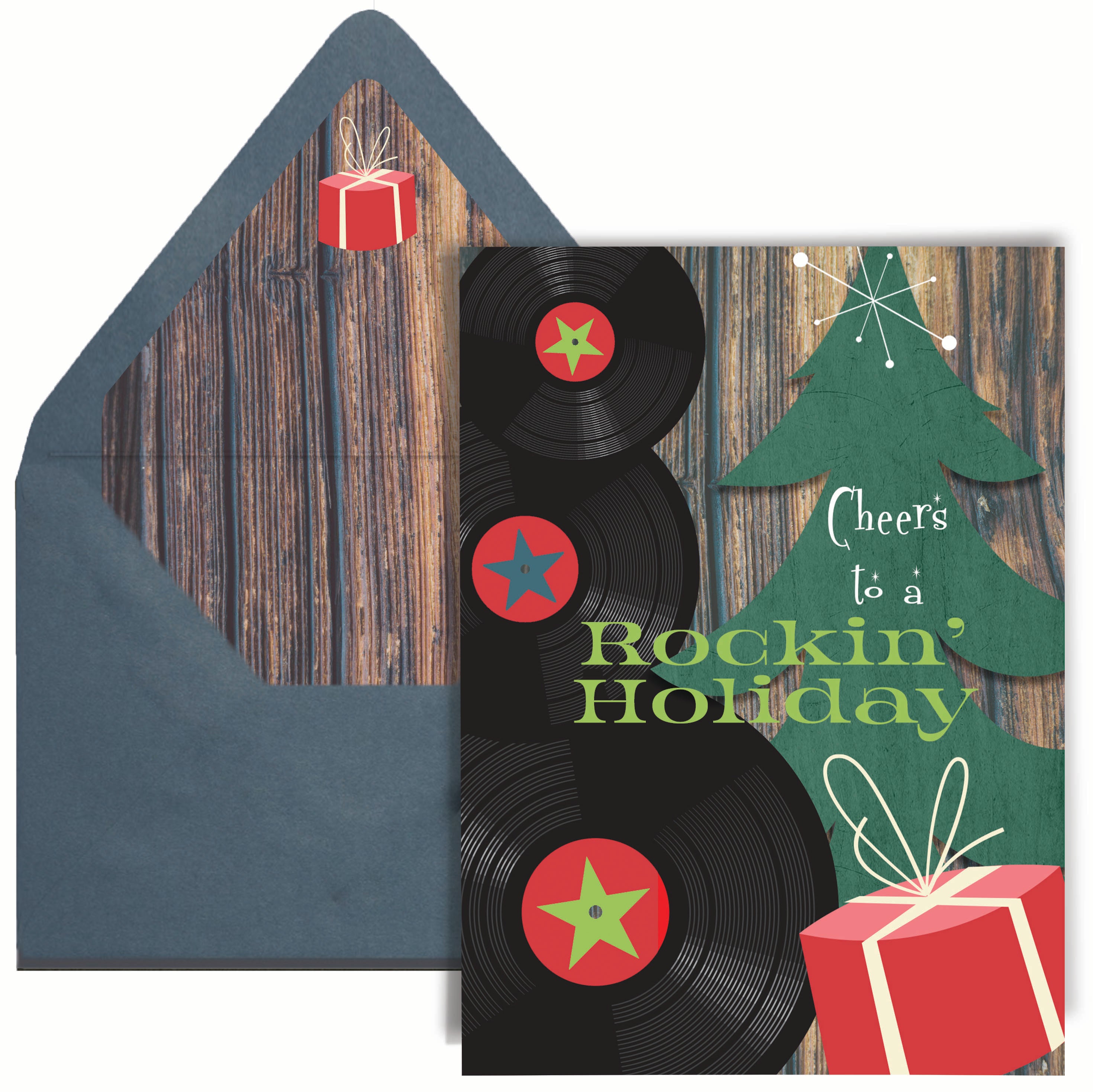 A Christmas greeting card with a mid century modern design, featuring a record and star decoration, and text that reads 'Cheers to a ROCKIN' HOLIDAY'.