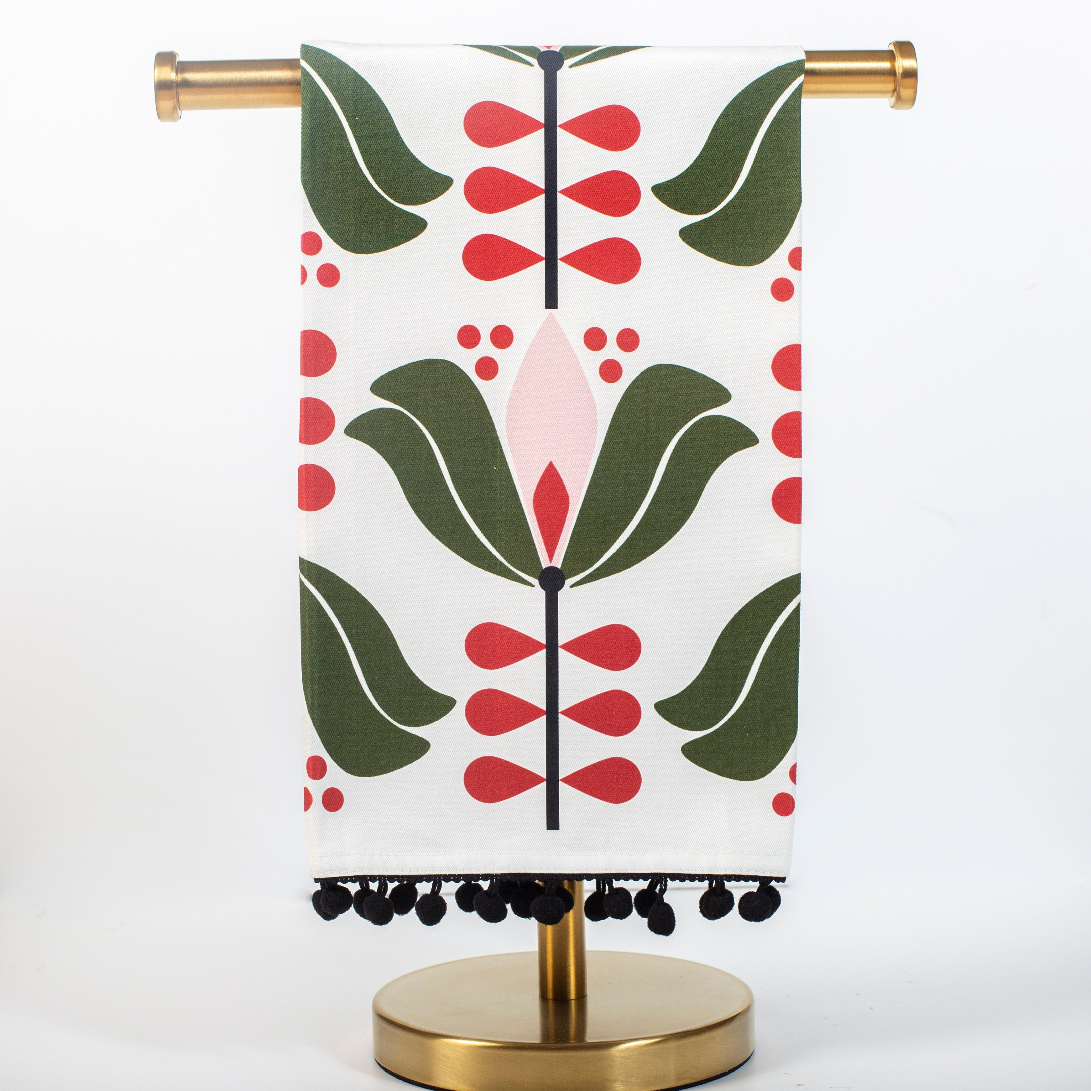 mid century modern lotus flower kitchen or bar tea towel with fringe trim  housewarming gift