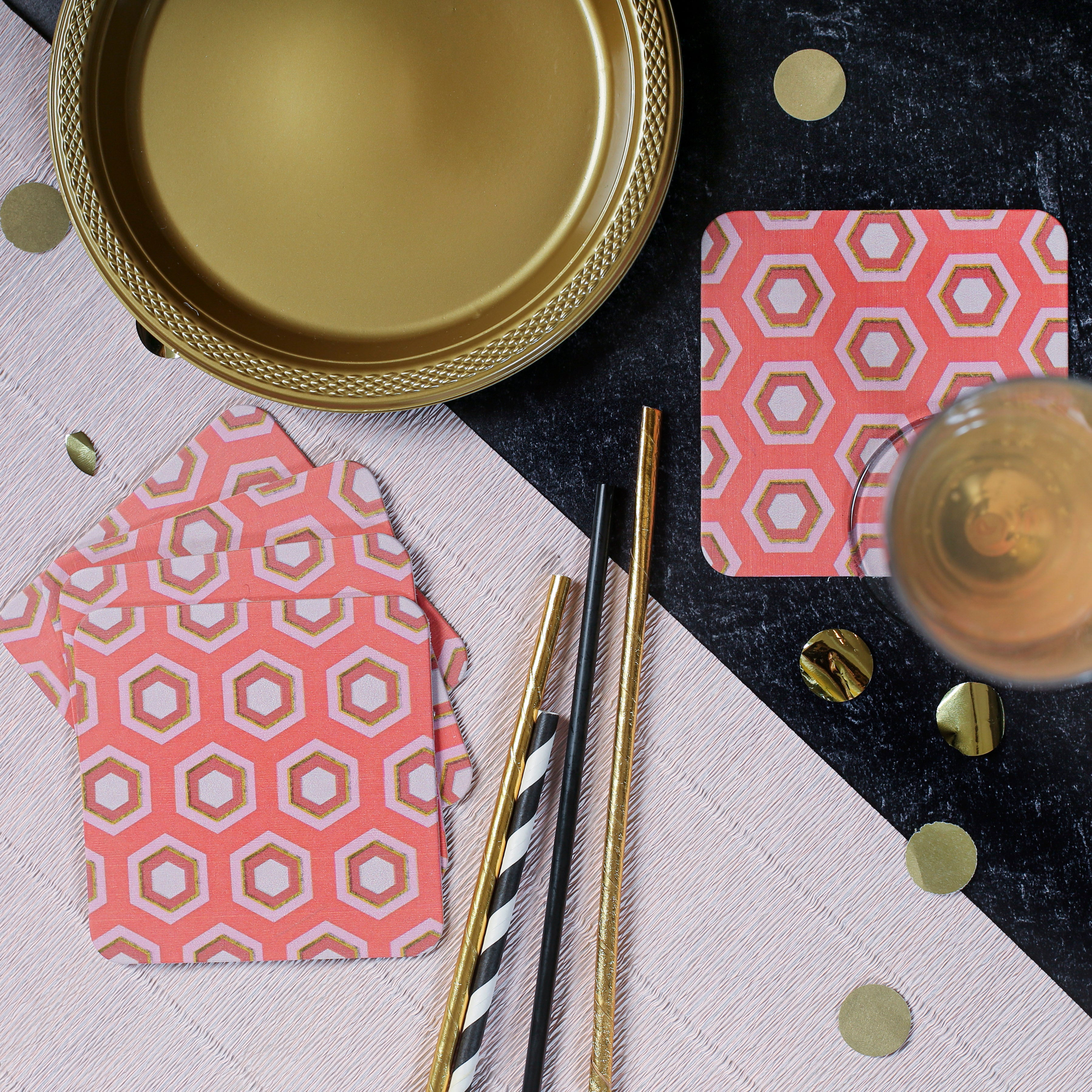 Pink Hexagon Mid Century Paper Party Coaster Set of 8