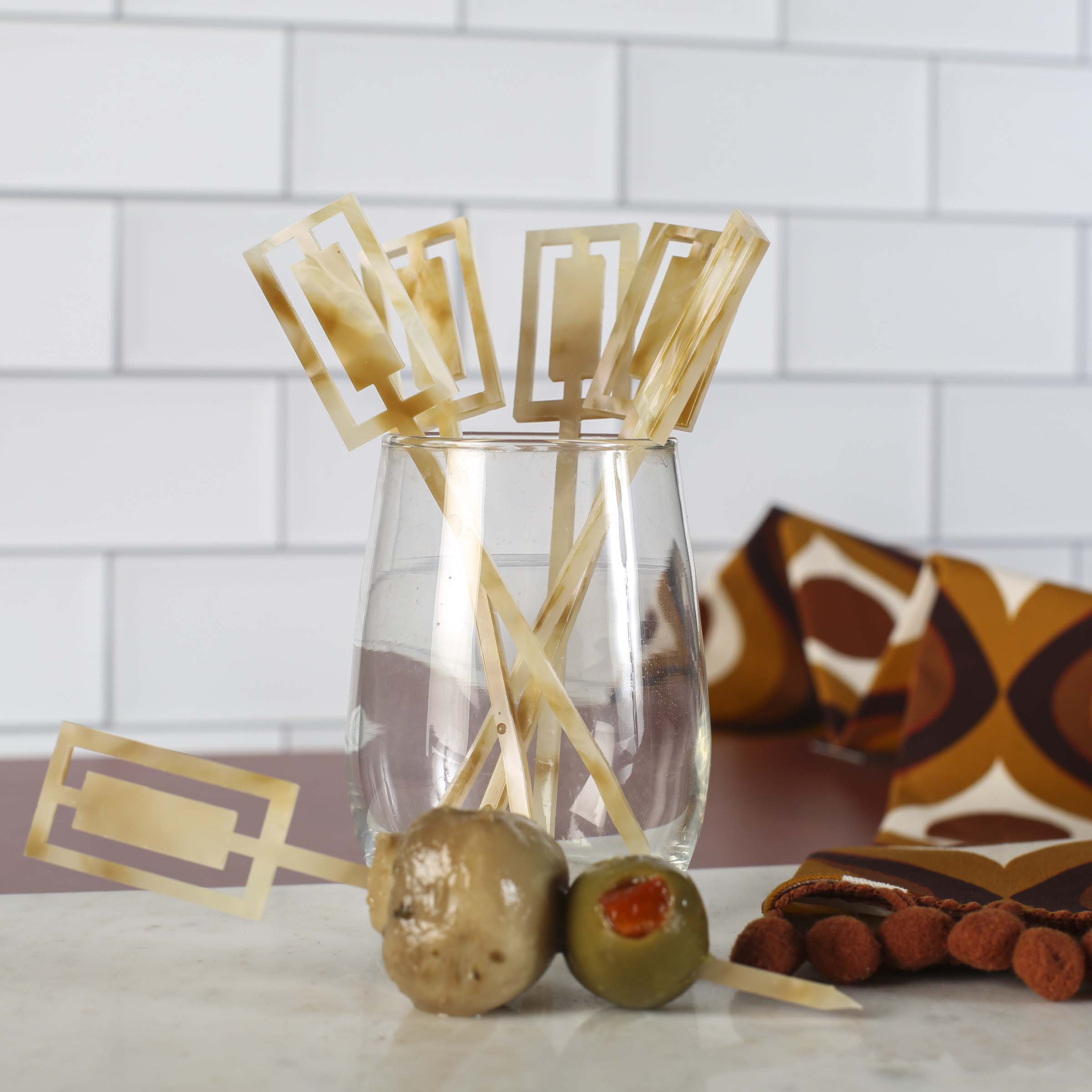 Ivory and Gold Acrylic Appetizer Mid Century Modern Bar Cocktail Pick