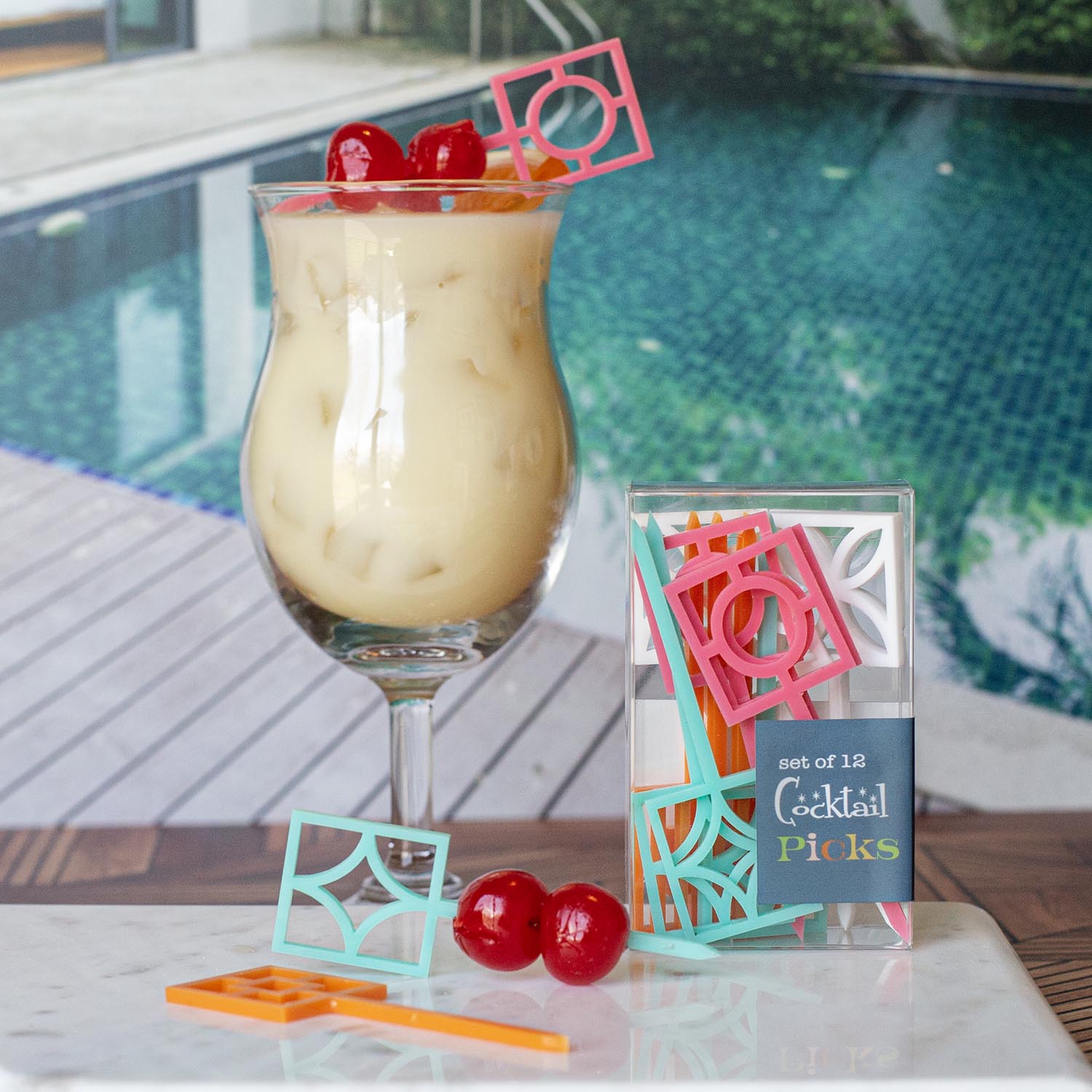 wholesale palm springs inspired breeze block set of 12 acrylic cocktail picks - boxed and ready for gift giving for housewarming or host and hostess gifts