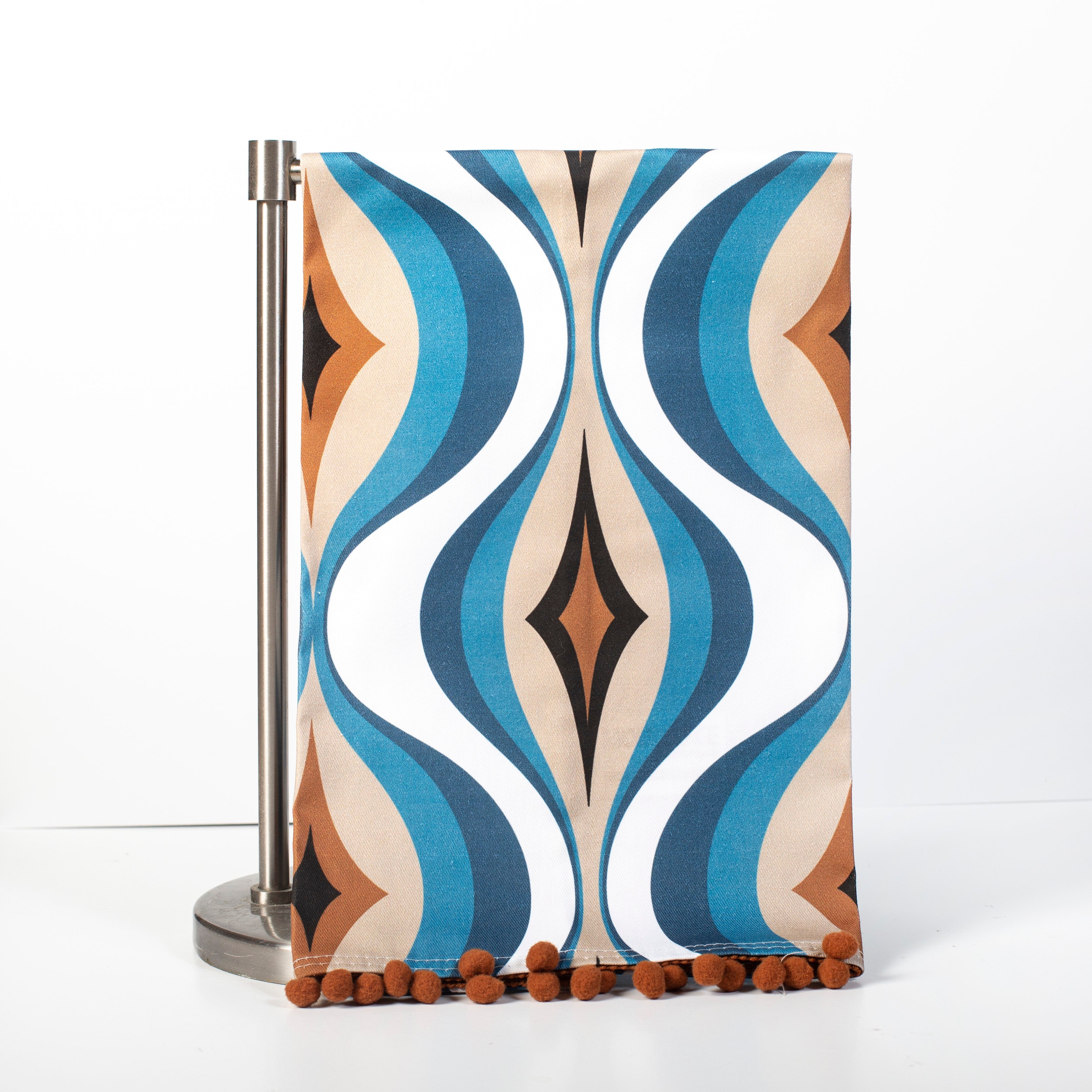 Blue Diamond Wave Mid Century Bar Tea Towel with Trim
