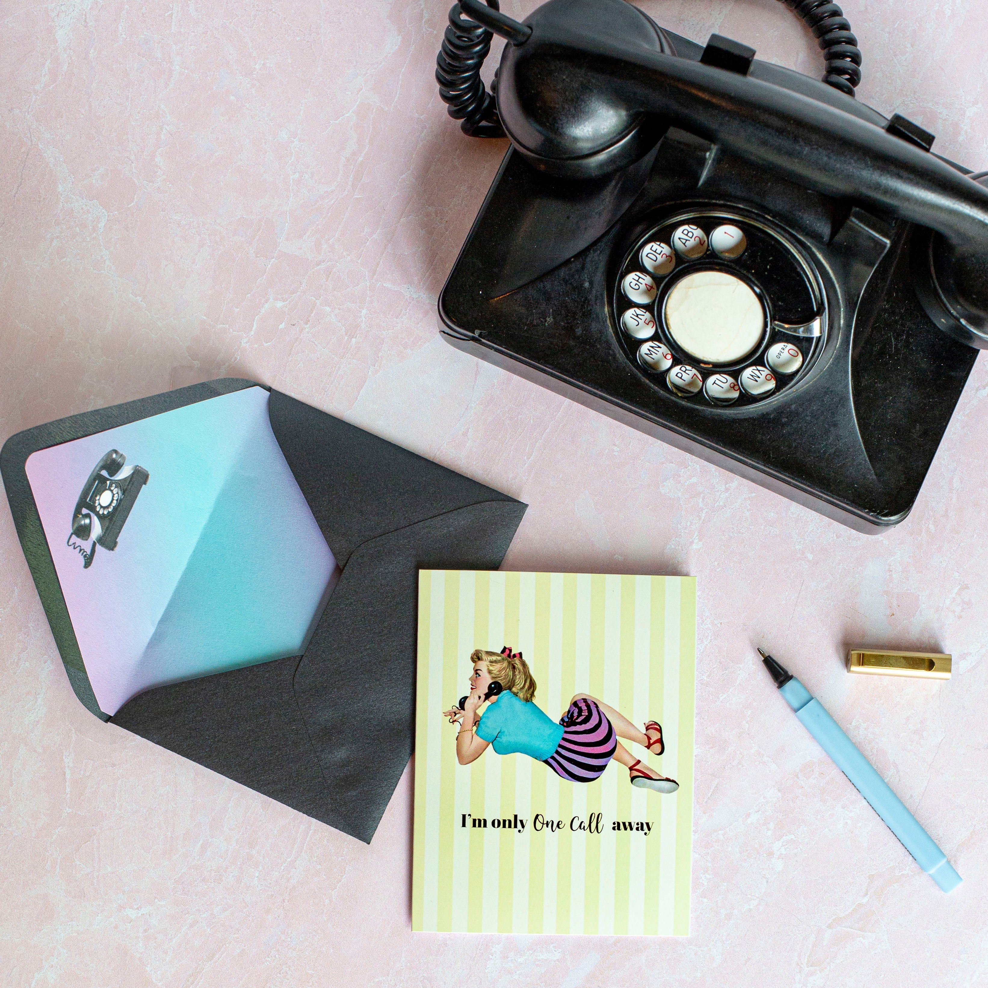 Im only one call away think of you vintage pinup greeting card