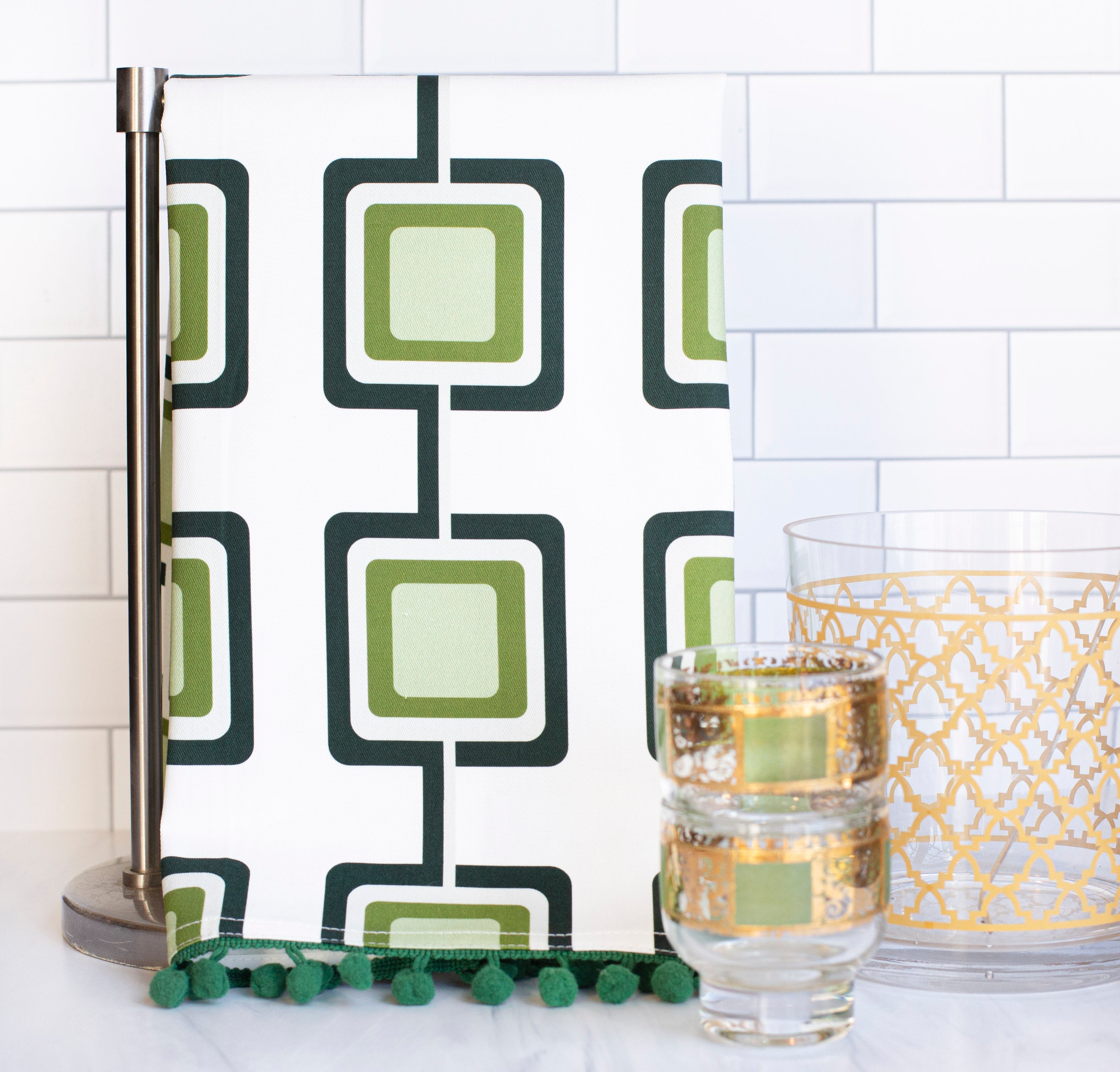 mid century modern green squares bar tea towel