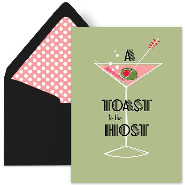 Say cheers to the host with this vintage Martini Toast to Host Greeting Card! This mid century modern design features a vintage martini cocktail printed on luxurious pearl paper. Coordinating polka dot envelope liner and metallic black envelope adds a unique touch and creates a keepsake card. With this stylish card, you’re sure to show your appreciation in an unforgettable way.