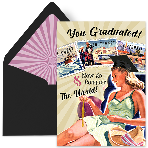 grad go conquer the world vintage graduation greeting card with purple starburst envelope liner