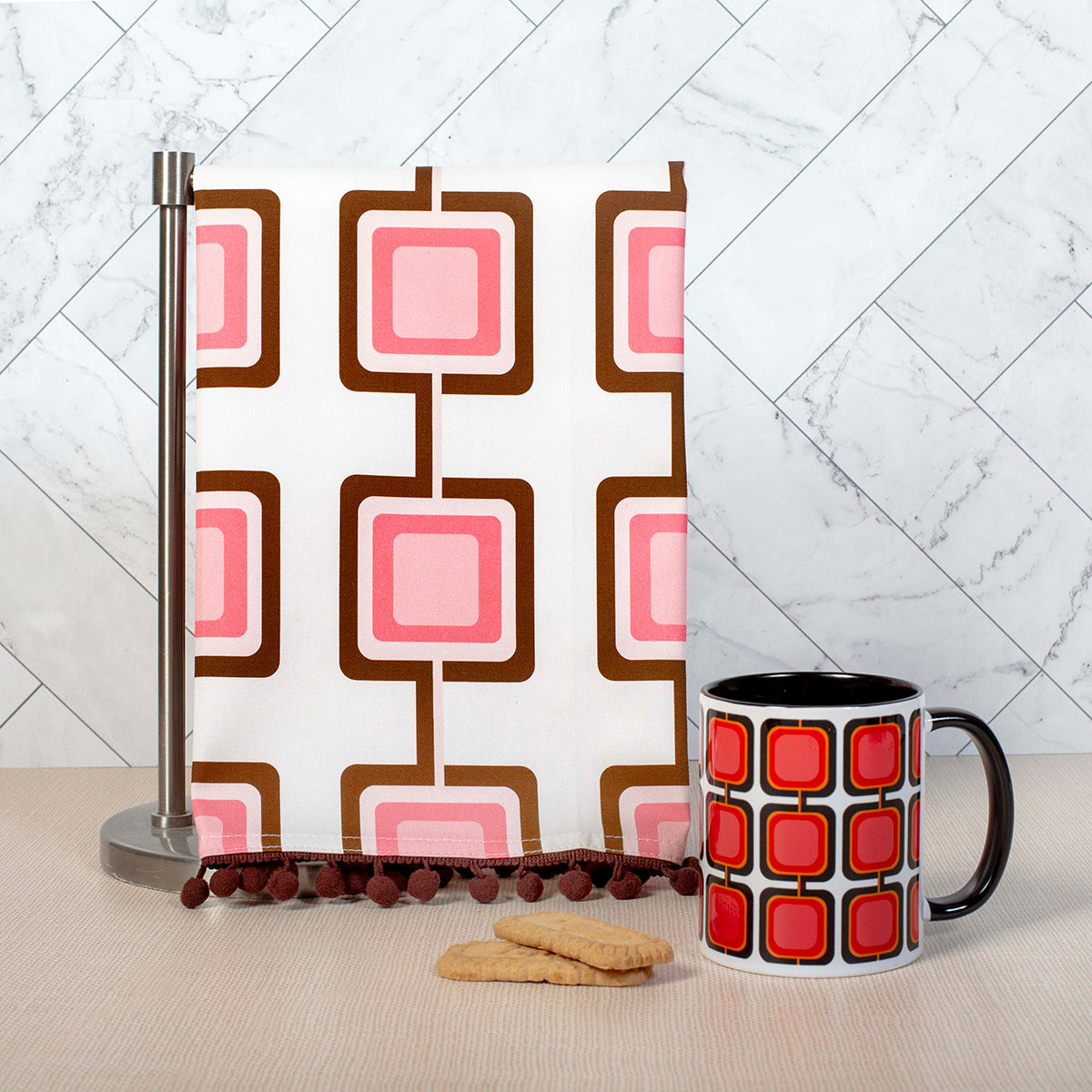 retro squares pink kitchen cotton tea towel with trim